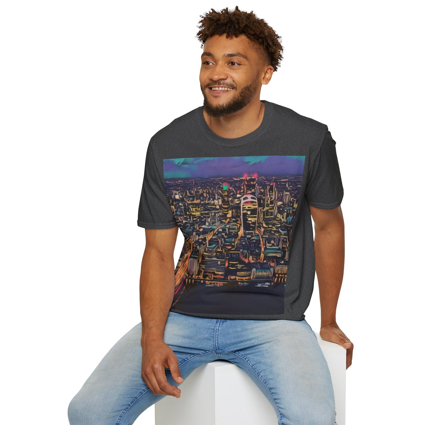 cityscape-art-unisex-softstyle-t-shirt-urban-photography-tee-streetwear-nightlife-fashion-gift-for-travelers-summer-outfit - front view
