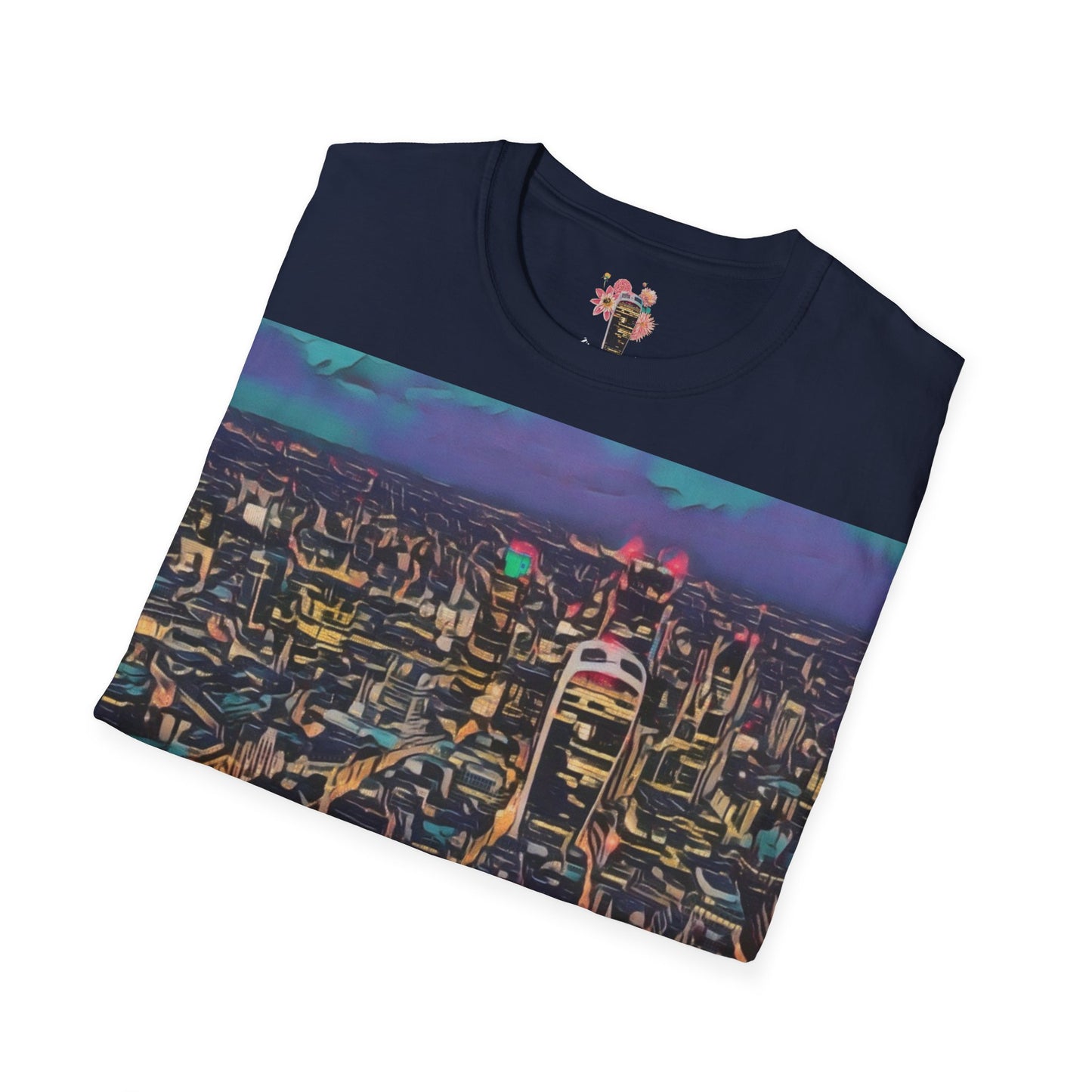 cityscape-art-unisex-softstyle-t-shirt-urban-photography-tee-streetwear-nightlife-fashion-gift-for-travelers-summer-outfit - front view