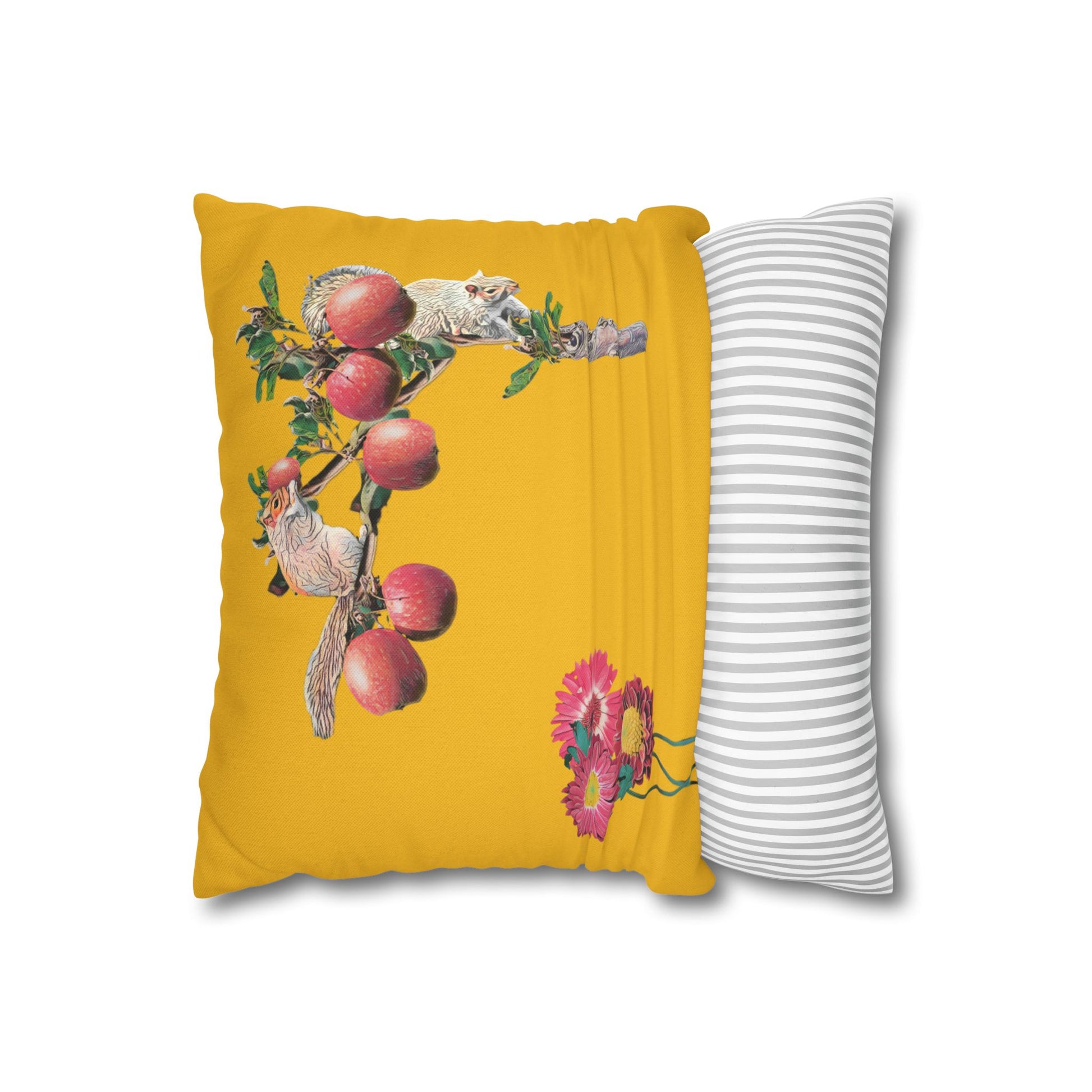 yellow-pillowcase-squirrels-and-apple-tree-floral-design - front view