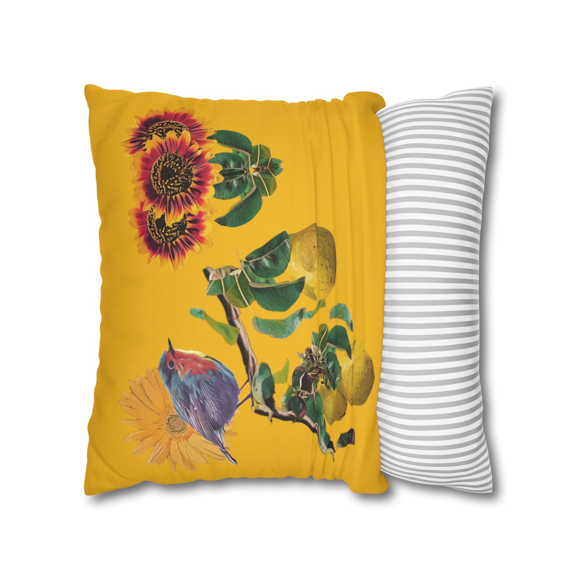 black-pillowcase-robin-and-pears-tree-and-sunflower-design - front view