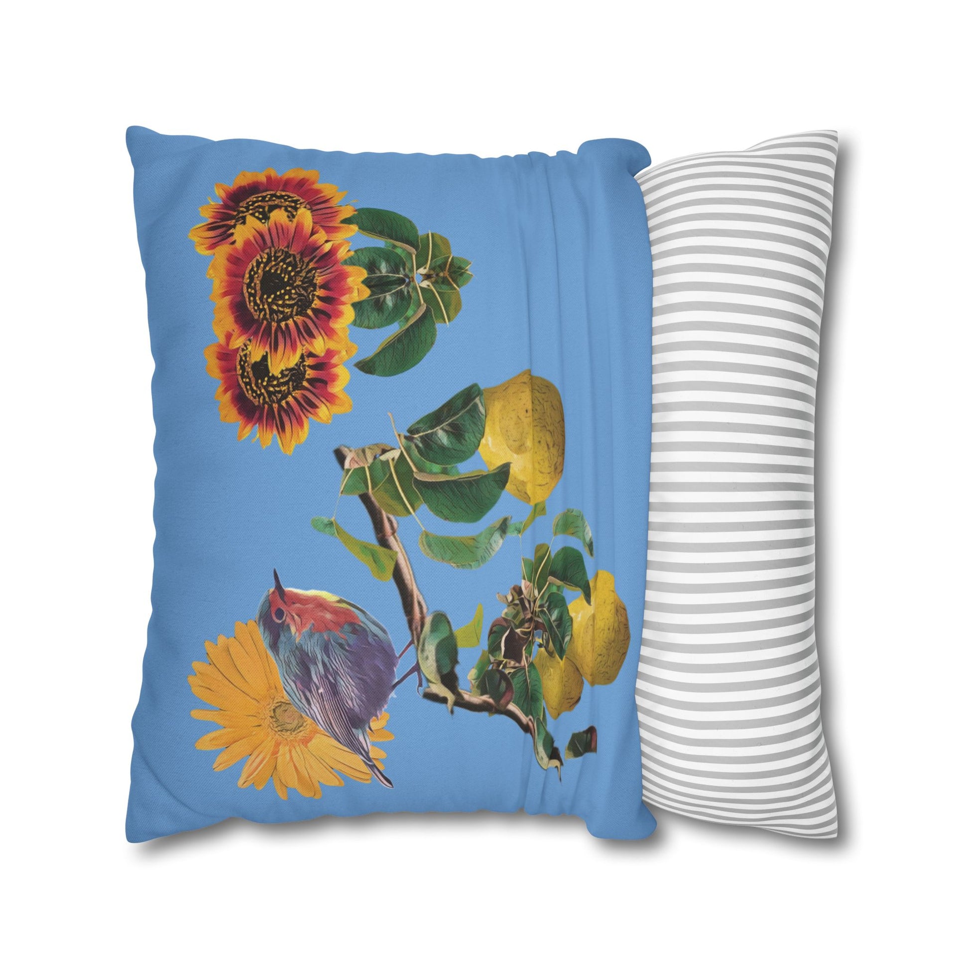 light-blue-pillowcase-robin-and-pears-tree-and-sunflower-design - front view