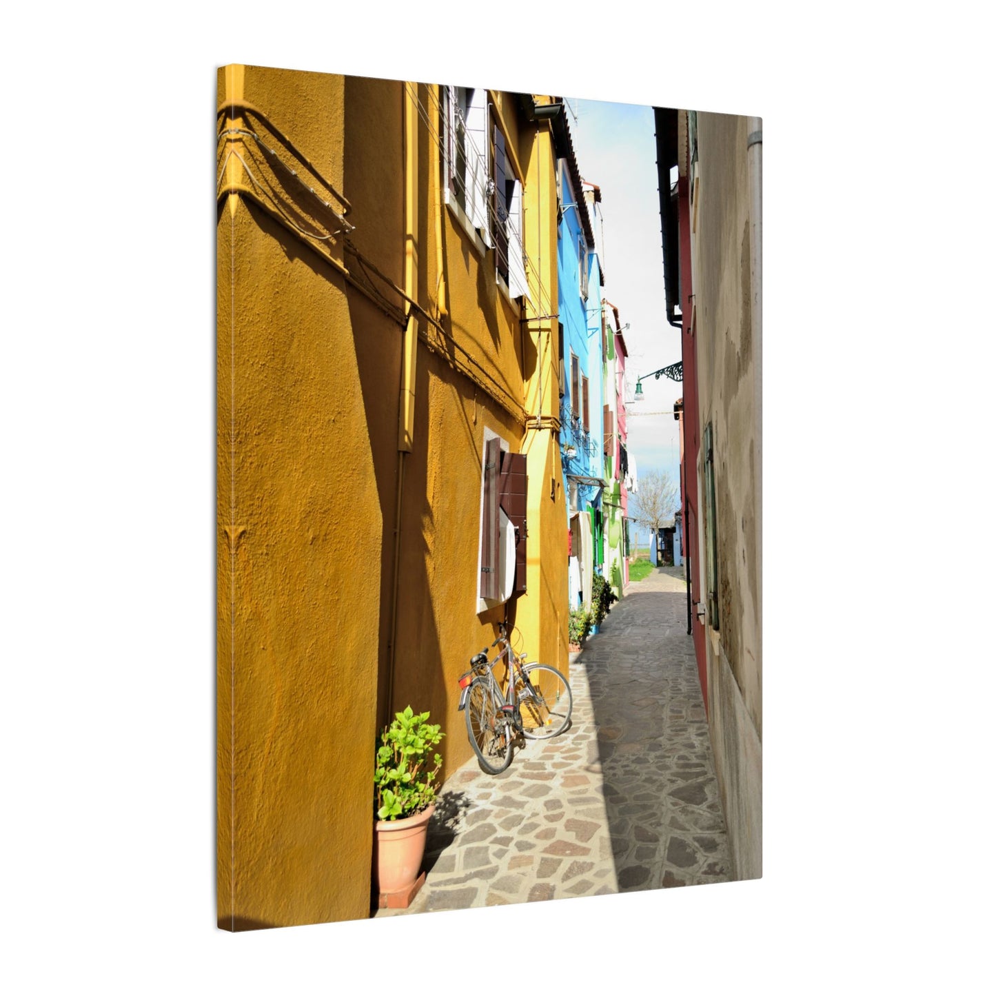 Mulano Street Scene Matte Canvas Print — Yellow Houses & Hanging Clothes, Stretched Wall Art