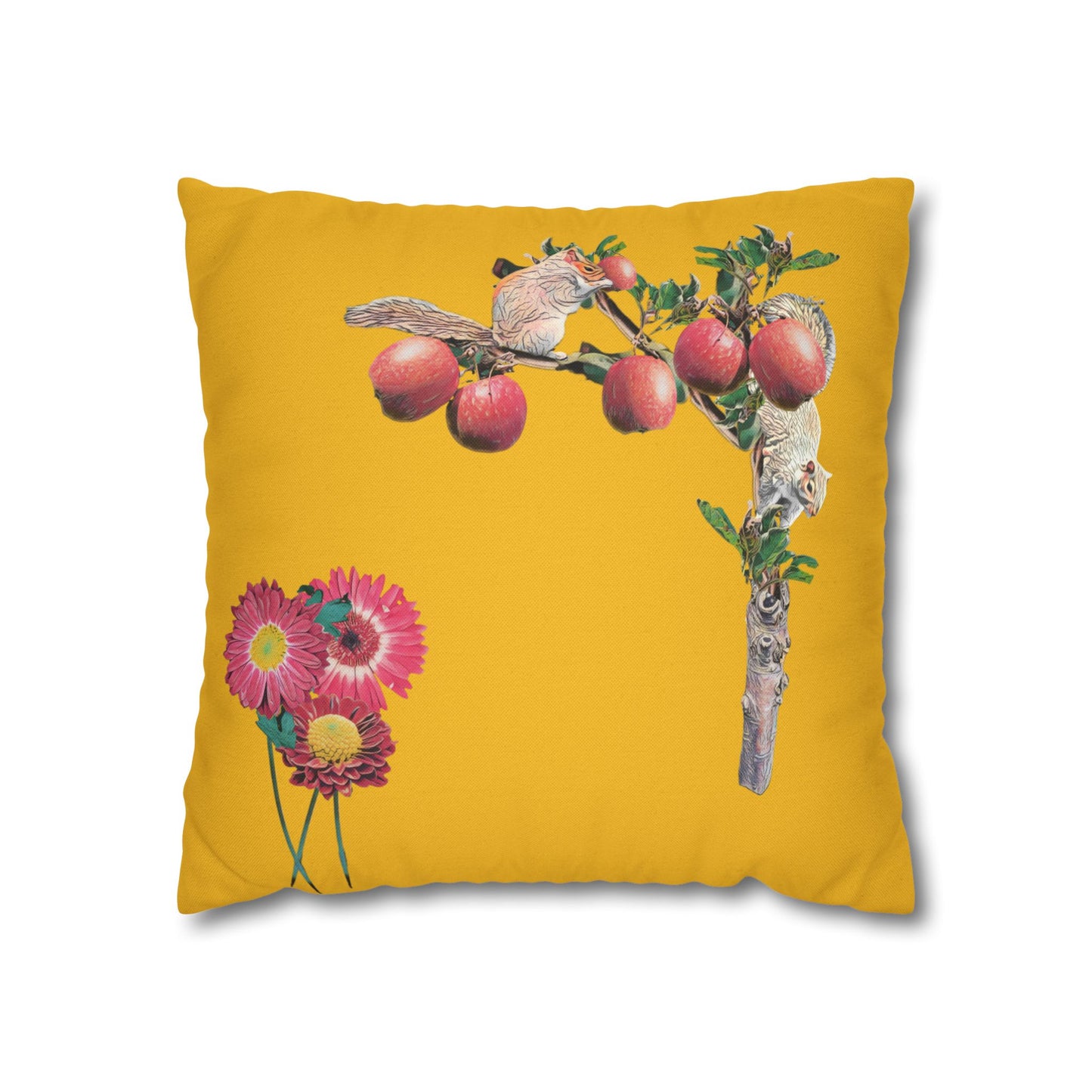 yellow-pillowcase-squirrels-and-apple-tree-floral-design - front view