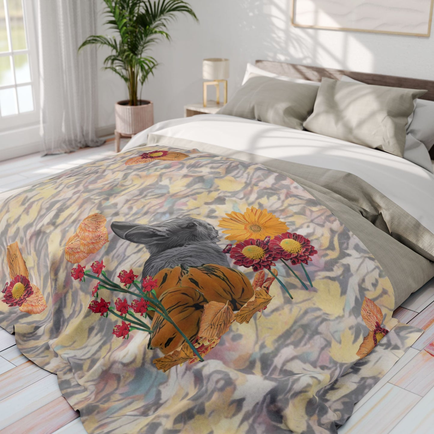 fleece-blanket-fox-pear-pumpkin-rabbit-tomatoes-falling-leaves-design - front view