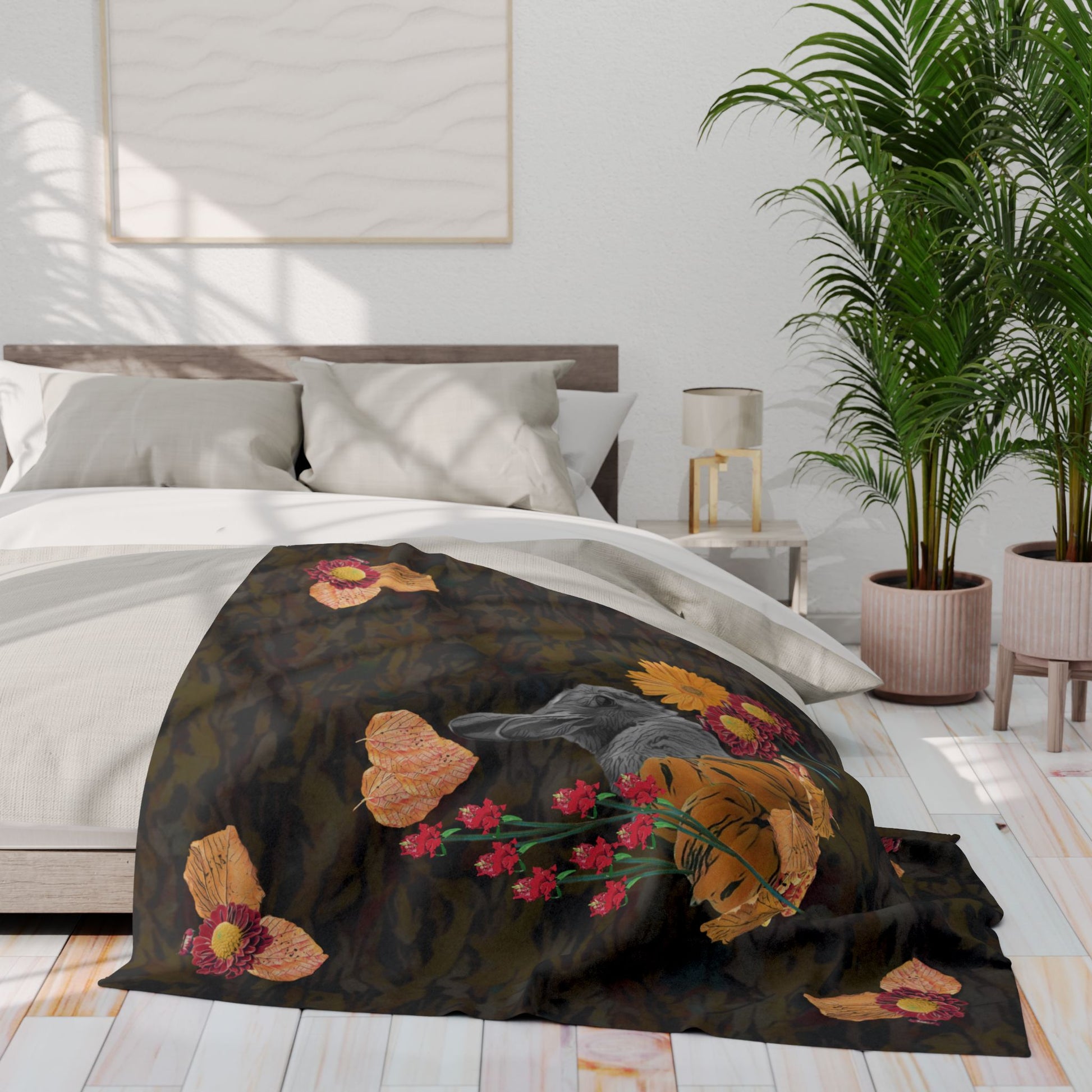 dark-fleece-blanket-fox-pear-pumpkin-rabbit-tomatoes-falling-leaves-design - front view