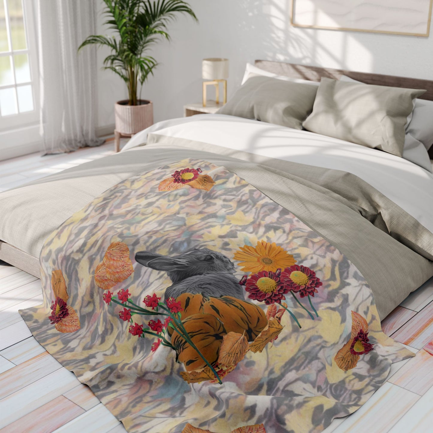 fleece-blanket-fox-pear-pumpkin-rabbit-tomatoes-falling-leaves-design - front view