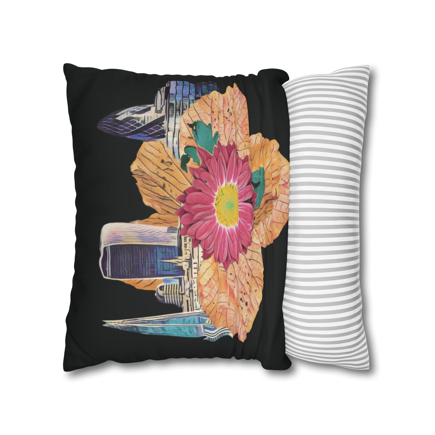 black-pillowcase-london-landmarks-autumn-floral-foliage - front view