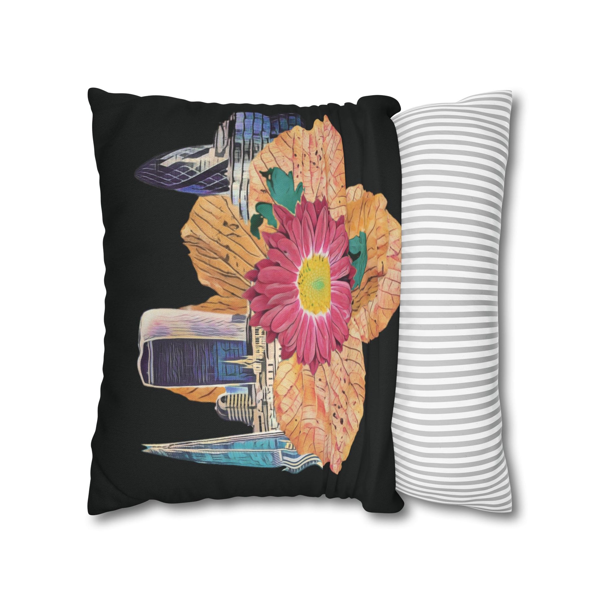 black-pillowcase-london-landmarks-autumn-floral-foliage - front view