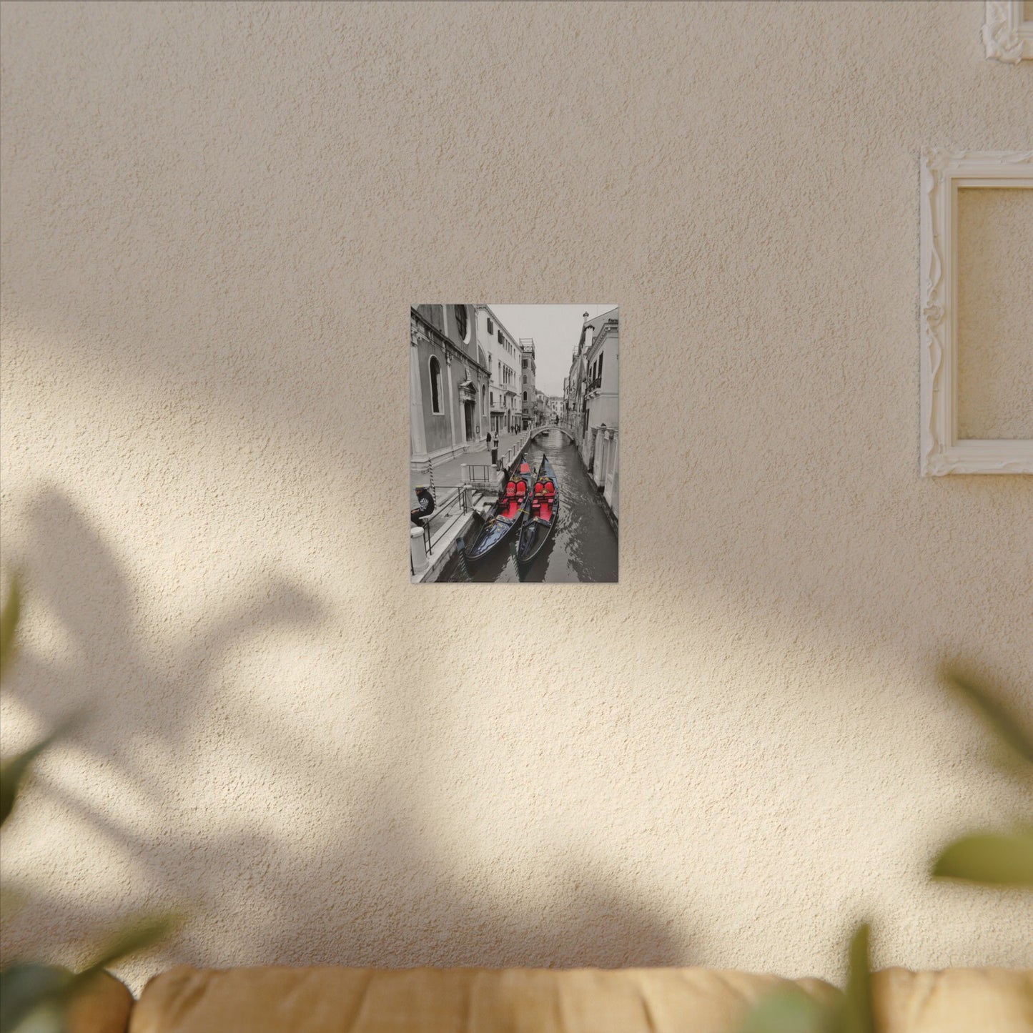 Venice Gondola Canvas Print — Black & White Scene with Colored Gondolas