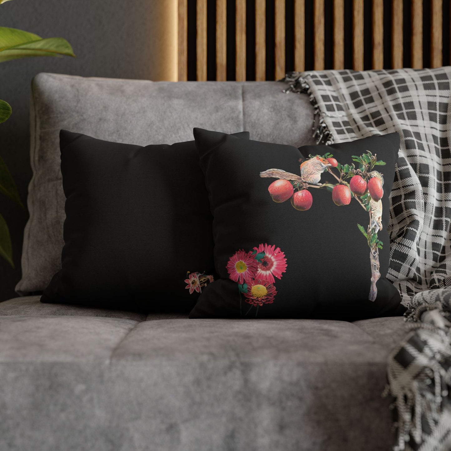 no-leaves-black-pillowcase-squirrels-and-apple-tree-floral-design - front view