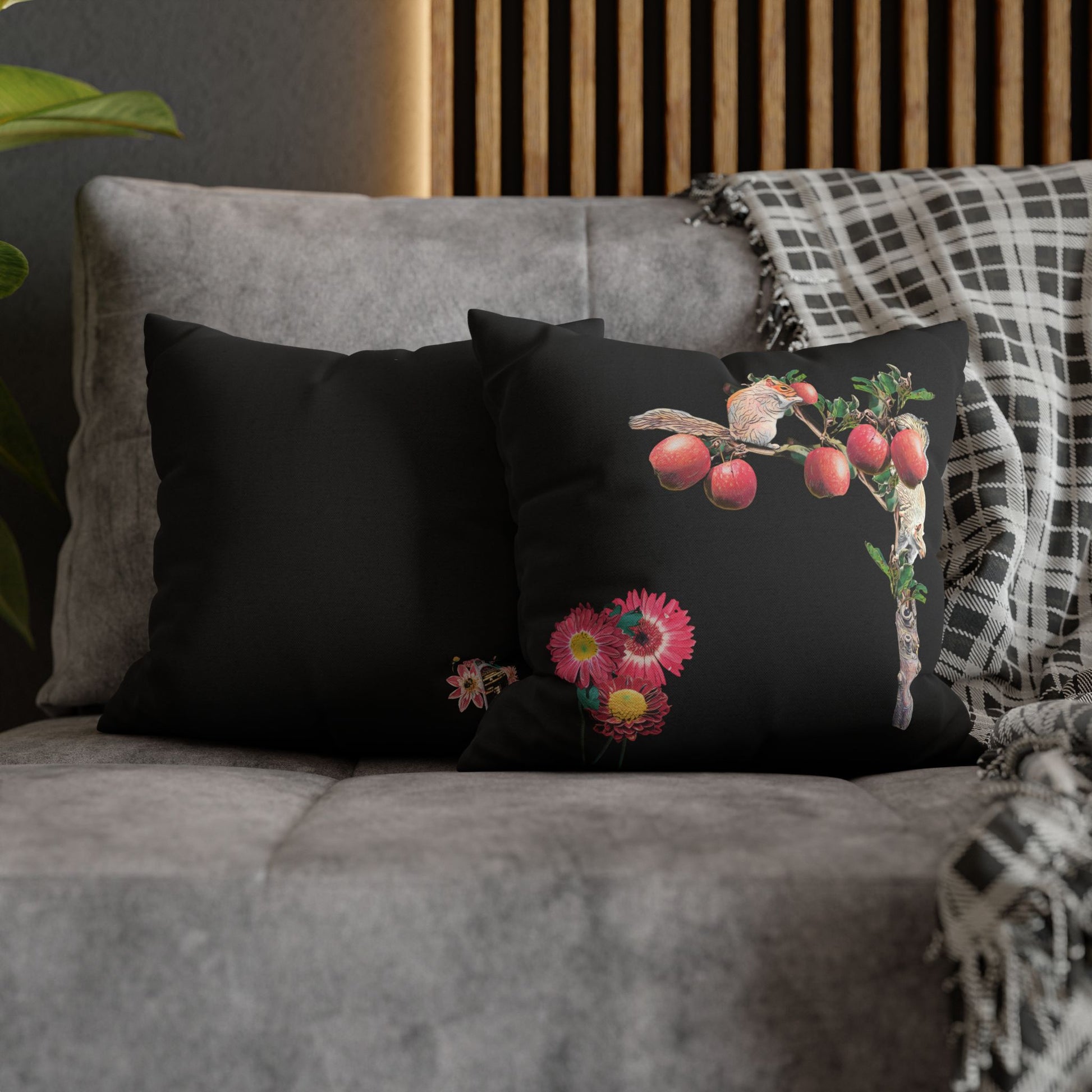 no-leaves-black-pillowcase-squirrels-and-apple-tree-floral-design - front view