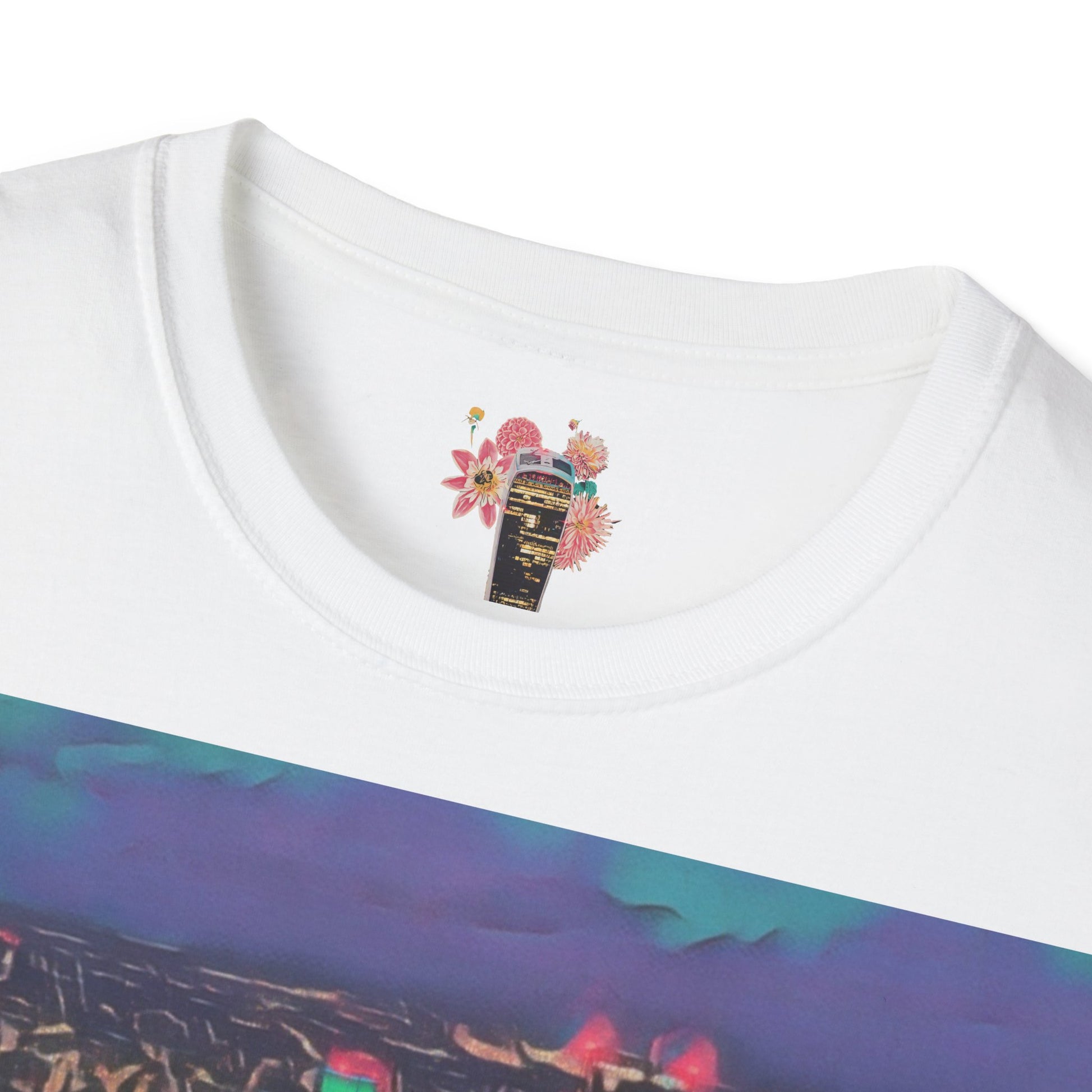 cityscape-art-unisex-softstyle-t-shirt-urban-photography-tee-streetwear-nightlife-fashion-gift-for-travelers-summer-outfit - front view