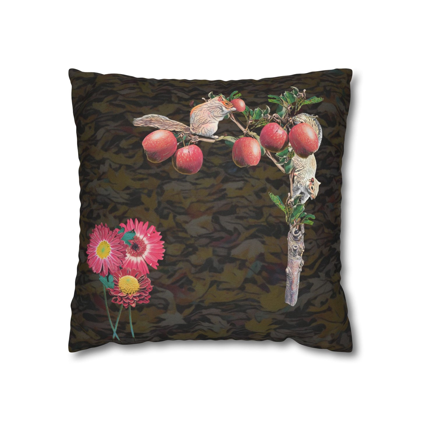 black-pillowcase-squirrels-and-apple-tree-floral-design - front view