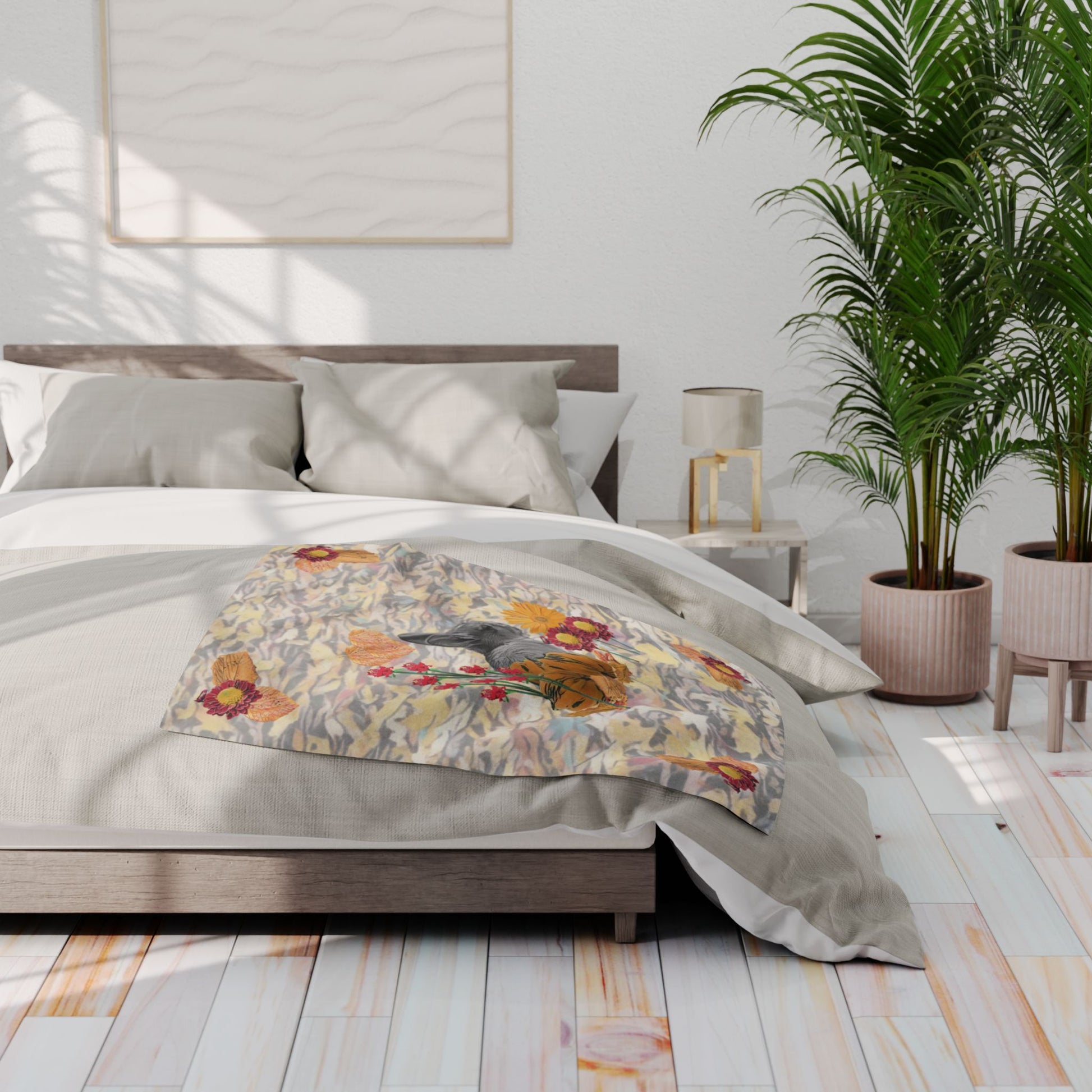 fleece-blanket-fox-pear-pumpkin-rabbit-tomatoes-falling-leaves-design - front view