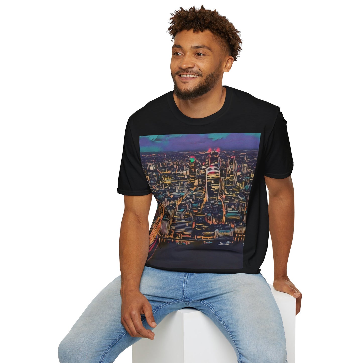 cityscape-art-unisex-softstyle-t-shirt-urban-photography-tee-streetwear-nightlife-fashion-gift-for-travelers-summer-outfit - front view