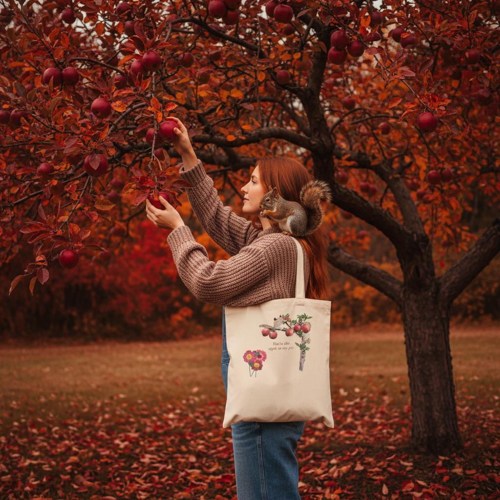 eco-friendly-tote-bag-with-squirrel-and-apples-design-10l-cotton-carrier - front view