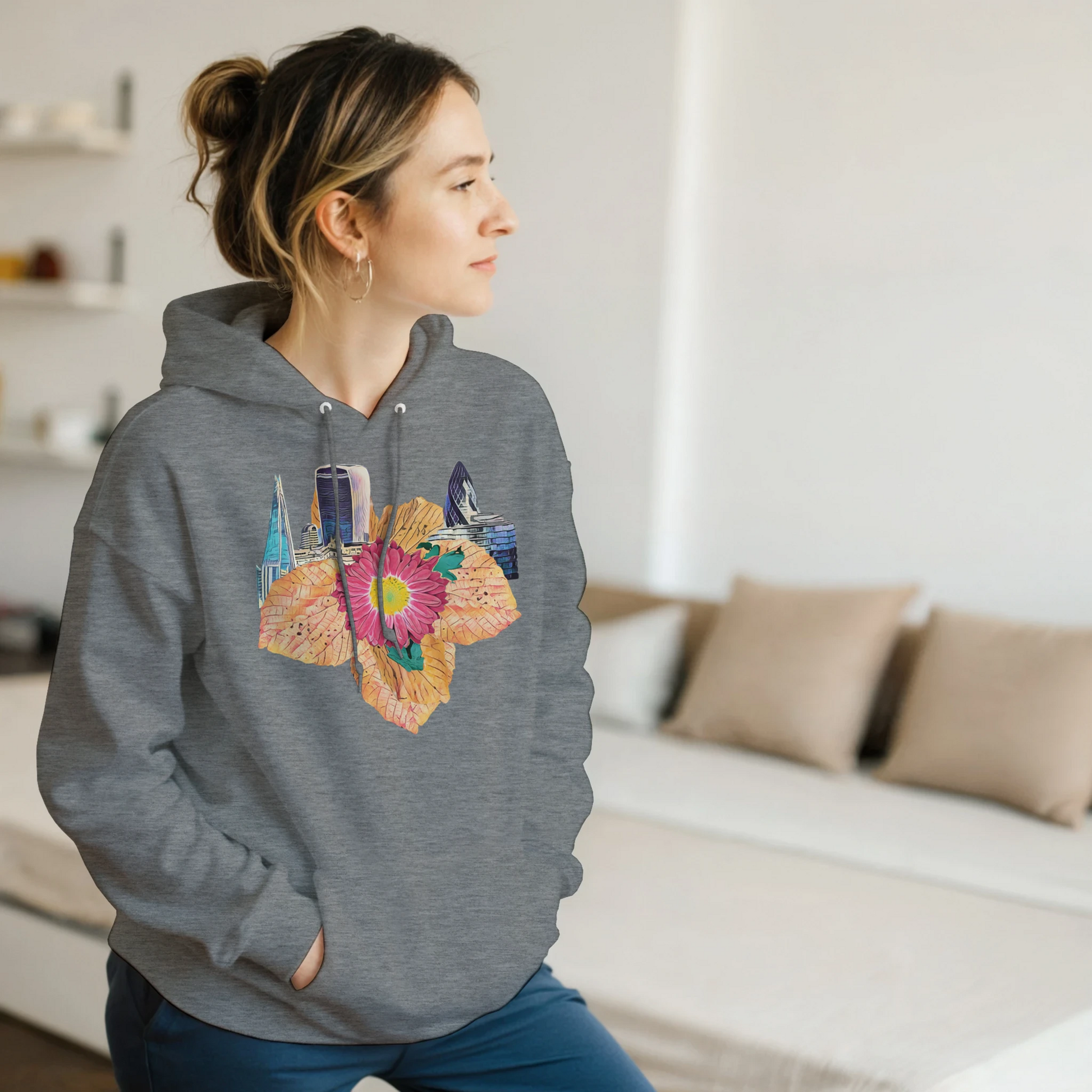 autumn-red-floral-hoodie-cozy-heavy-blend-with-leaves-design - front view