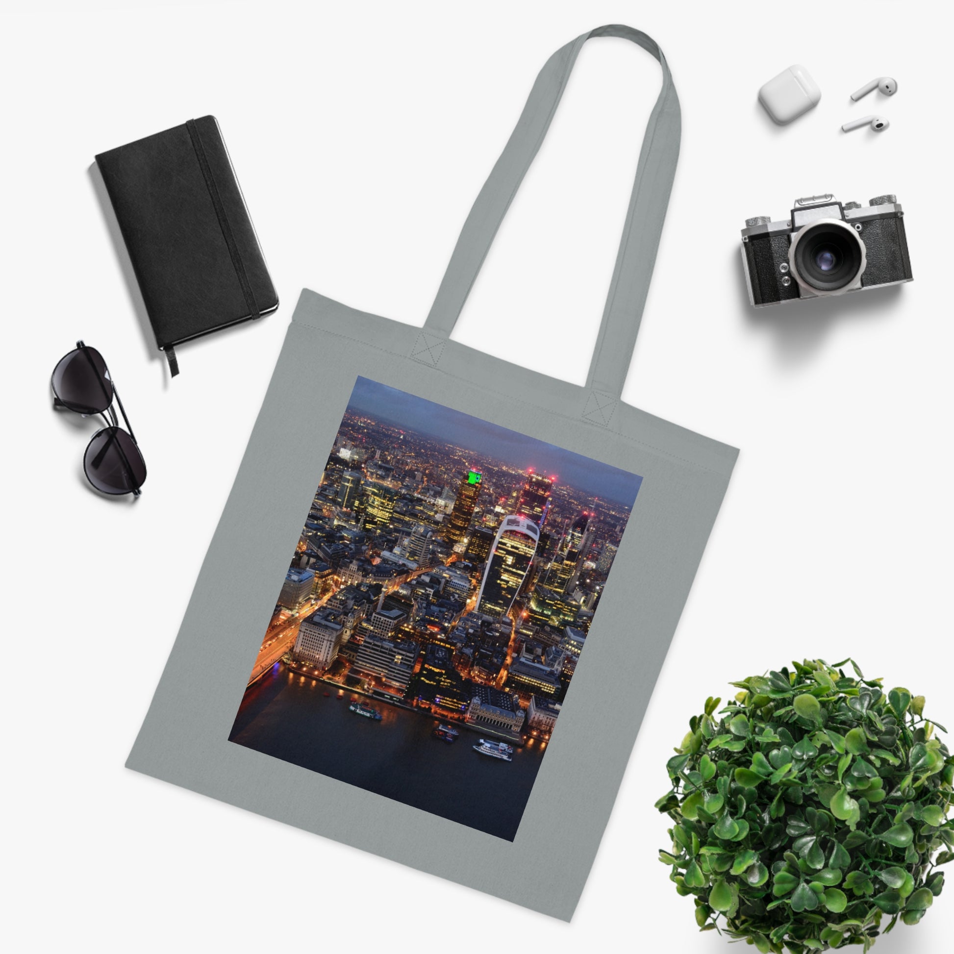 cotton-tote-bag-with-london-skyline-from-the-shard-at-night-shopper-bag-travel-tote-reusable-grocery-bag-cityscape-tote-eco-friendly - front view