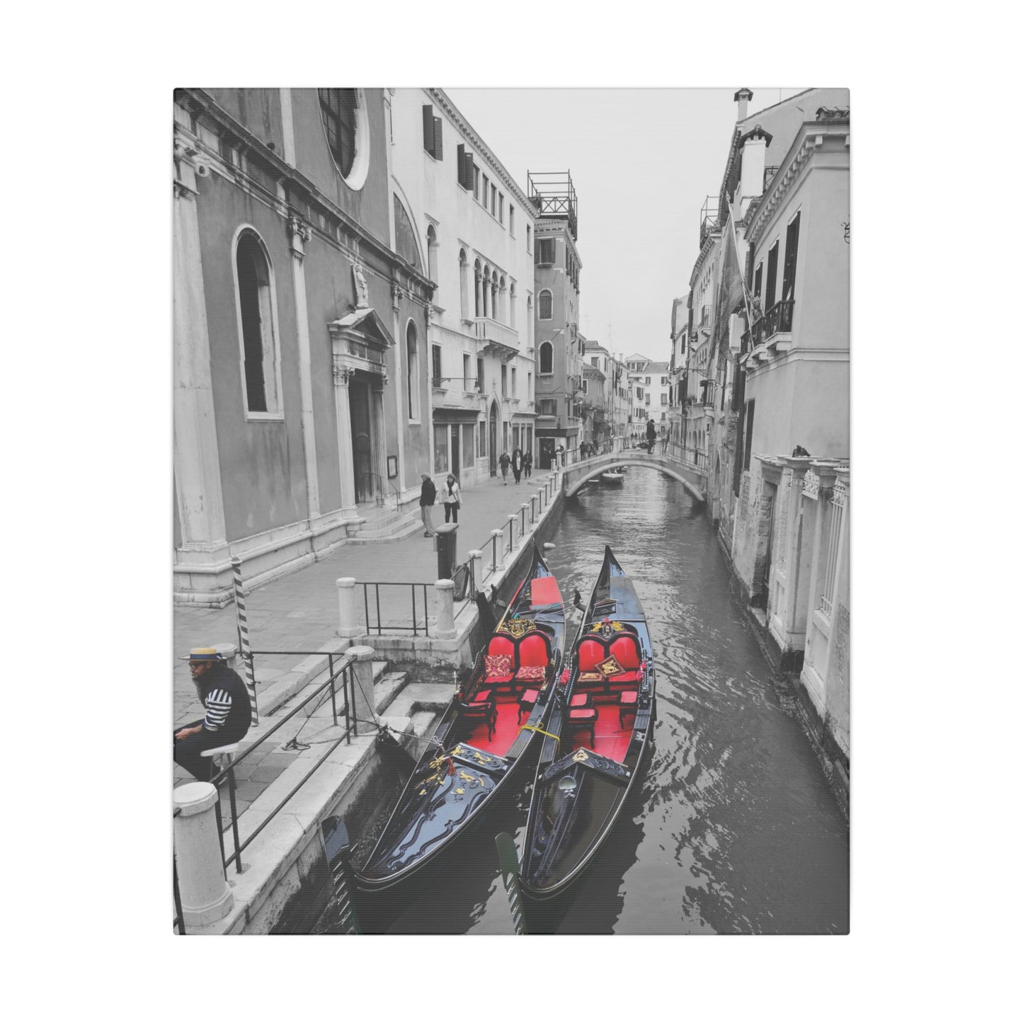 Venice Gondola Canvas Print — Black & White Scene with Colored Gondolas