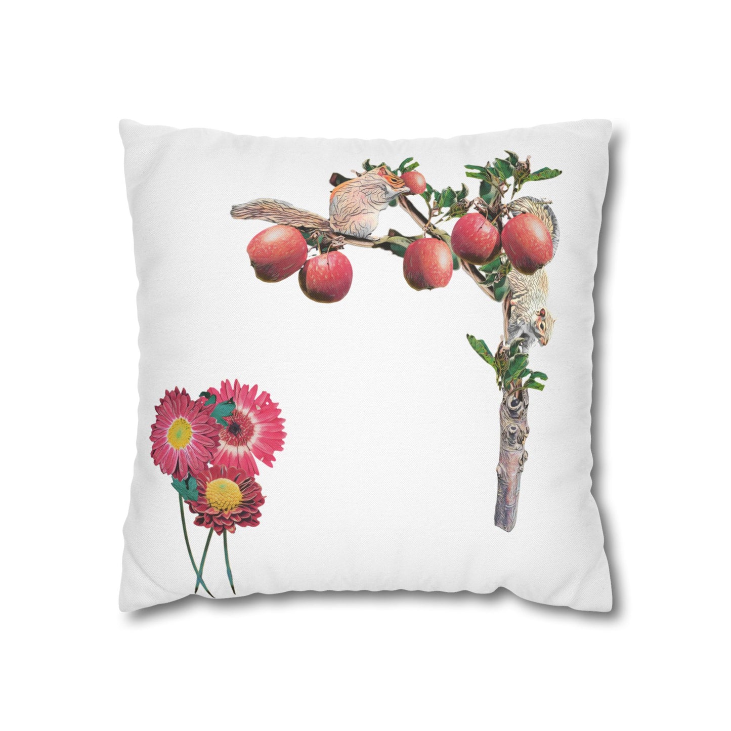 white-pillowcase-squirrels-and-apple-tree-floral-design - front view