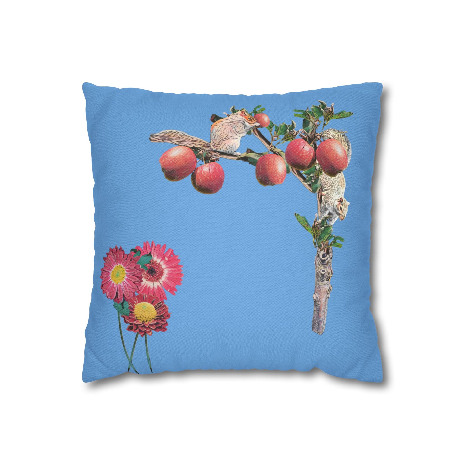 light-blue-pillowcase-squirrels-and-apple-tree-floral-design - front view