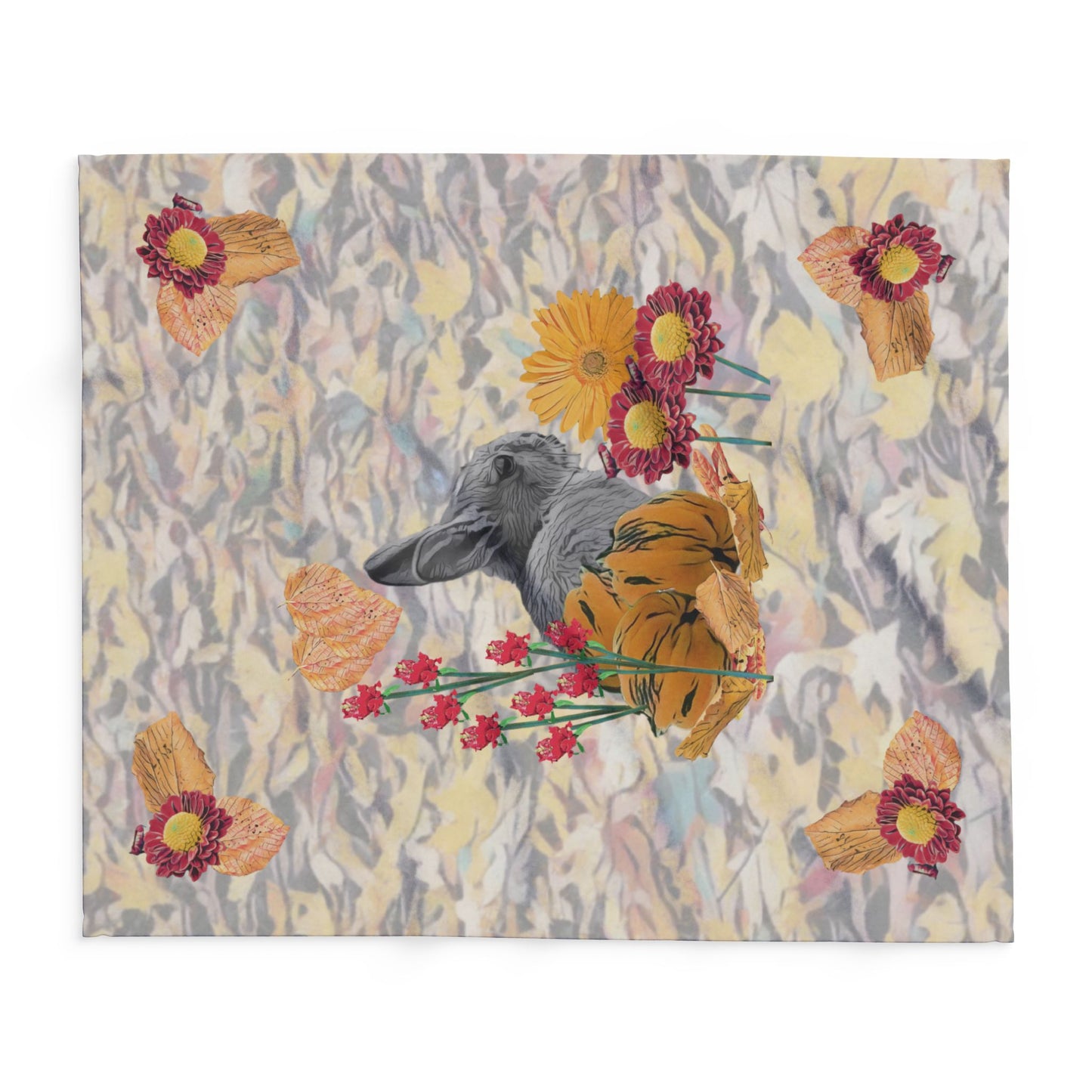 fleece-blanket-fox-pear-pumpkin-rabbit-tomatoes-falling-leaves-design - front view