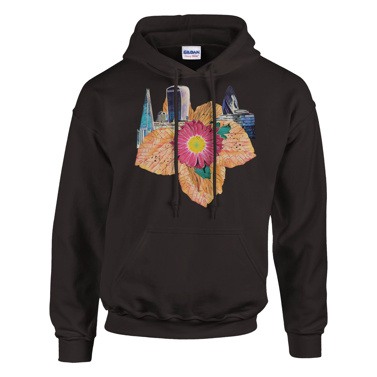 autumn-red-floral-hoodie-cozy-heavy-blend-with-leaves-design - front view