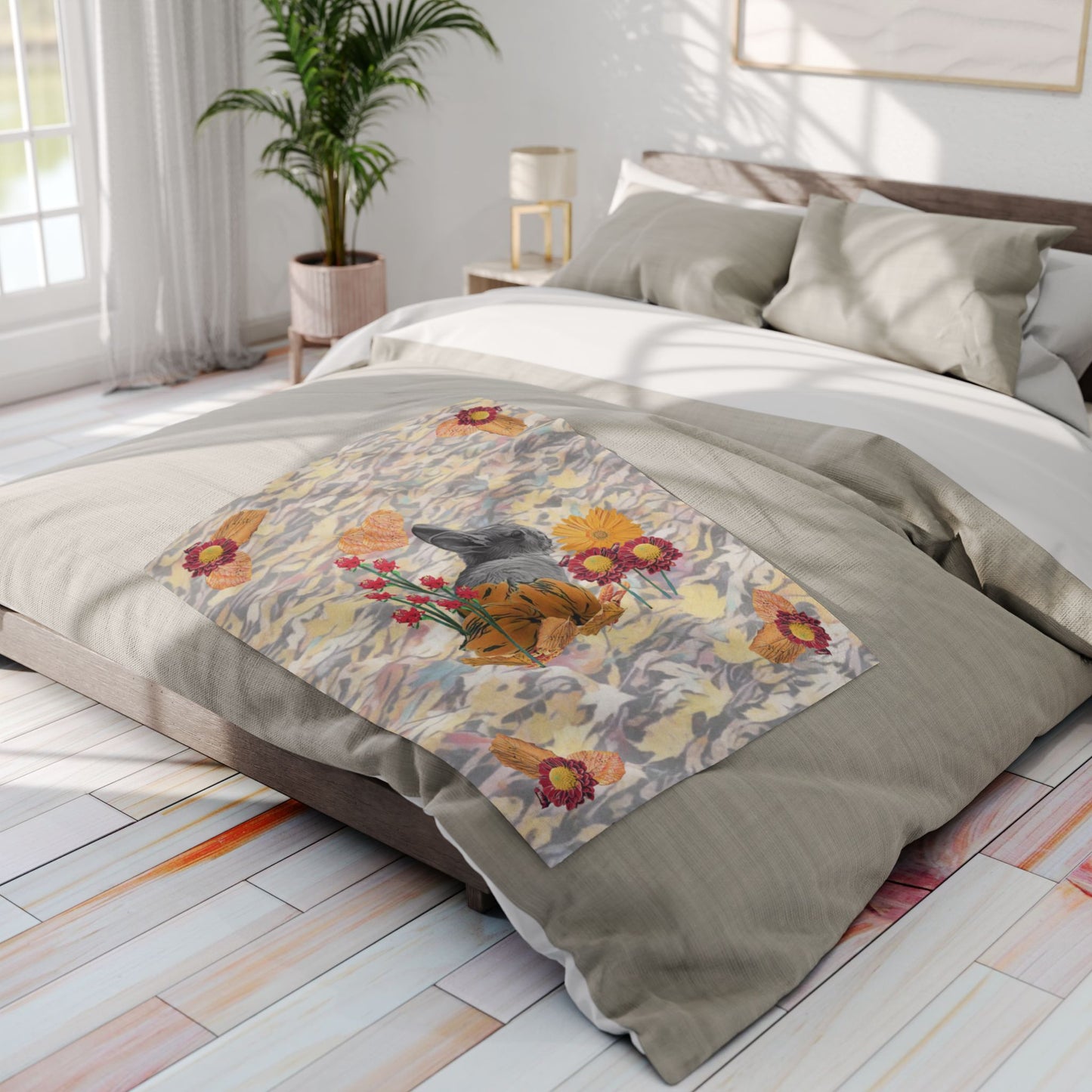 fleece-blanket-fox-pear-pumpkin-rabbit-tomatoes-falling-leaves-design - front view