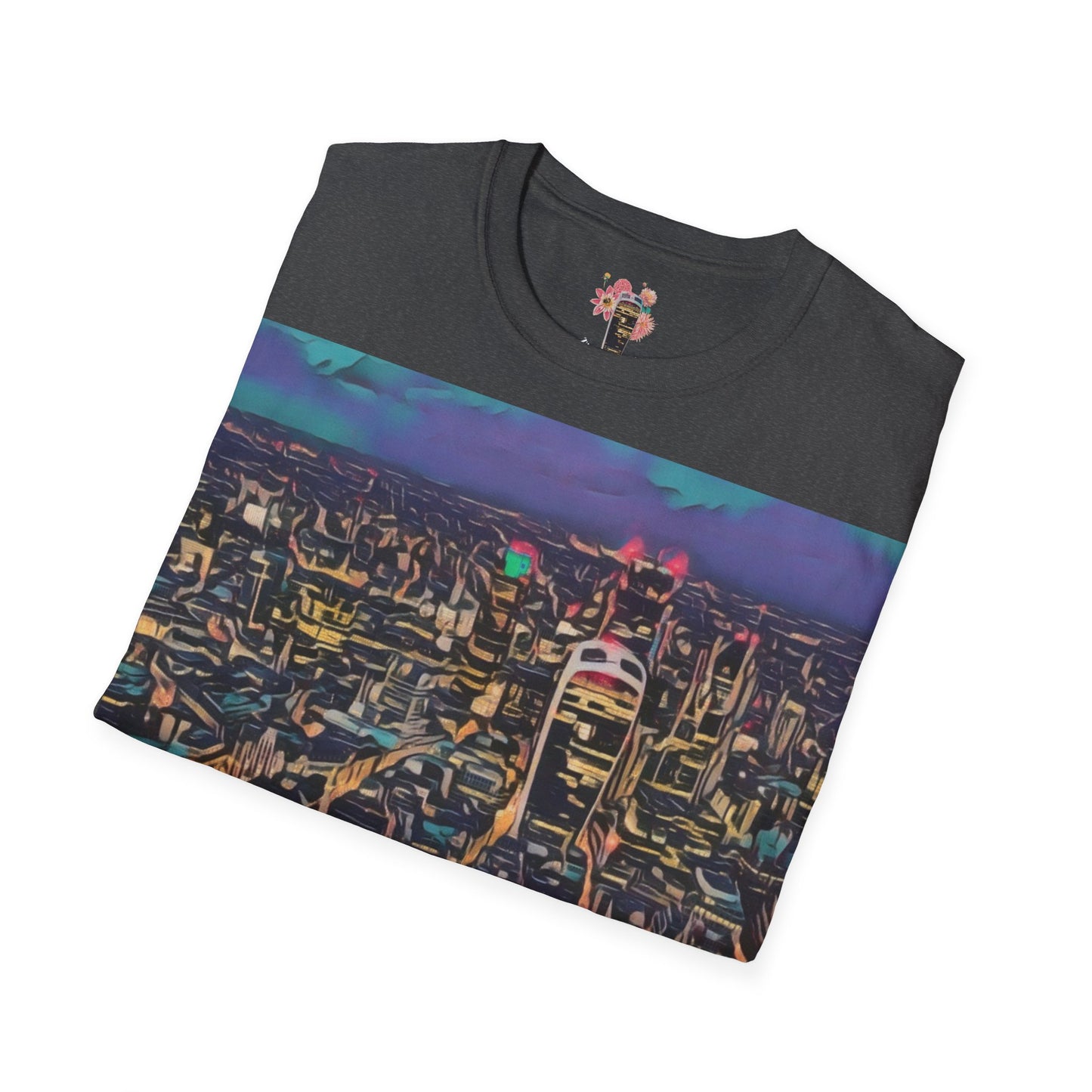 cityscape-art-unisex-softstyle-t-shirt-urban-photography-tee-streetwear-nightlife-fashion-gift-for-travelers-summer-outfit - front view