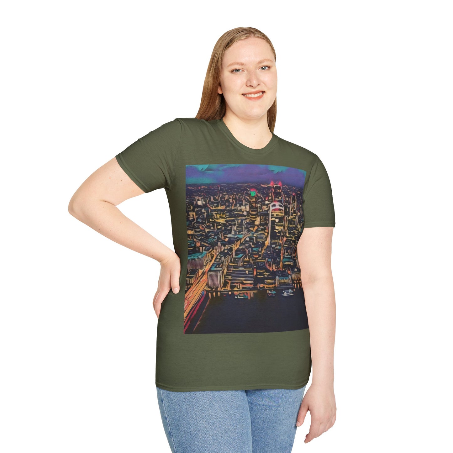 cityscape-art-unisex-softstyle-t-shirt-urban-photography-tee-streetwear-nightlife-fashion-gift-for-travelers-summer-outfit - front view