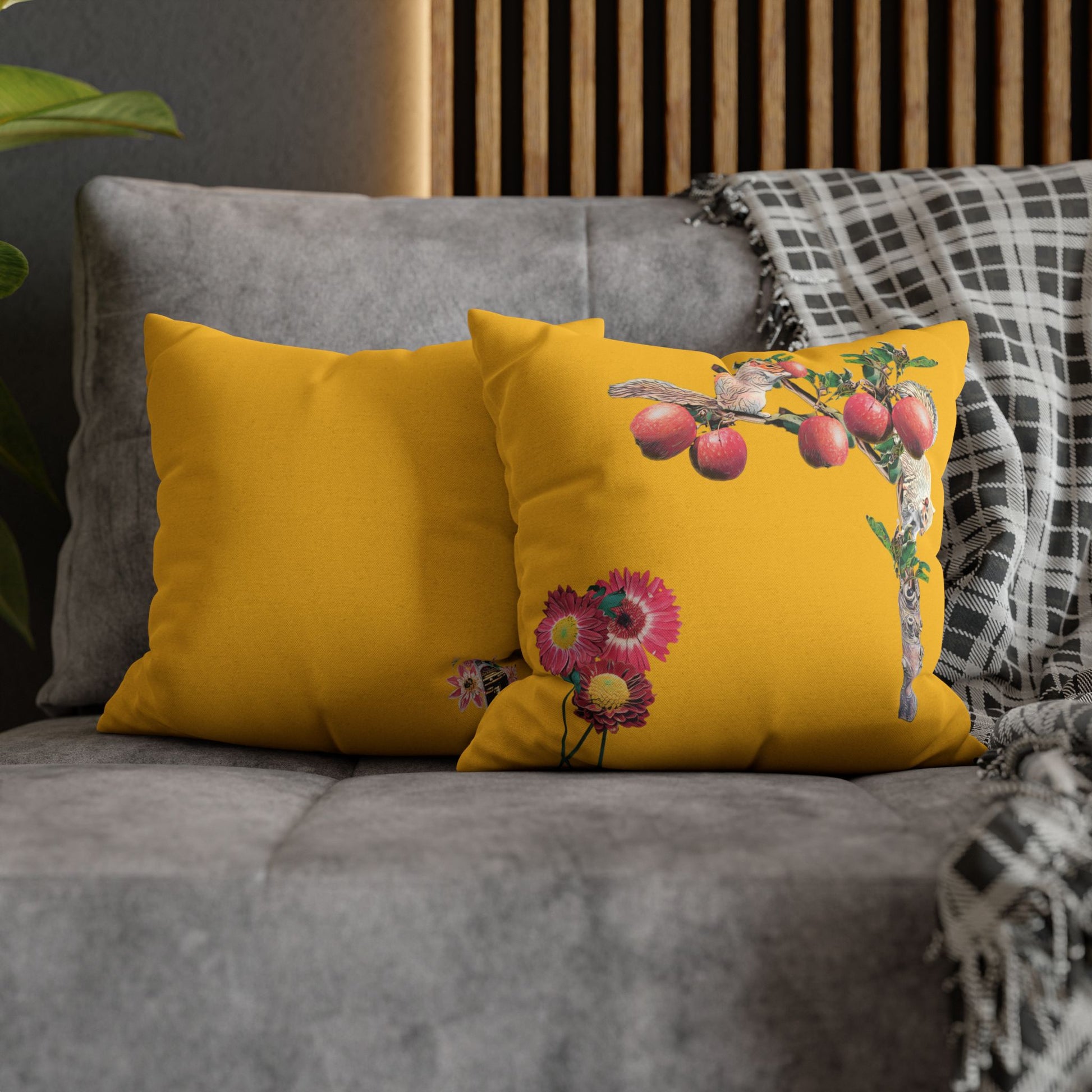 yellow-pillowcase-squirrels-and-apple-tree-floral-design - front view