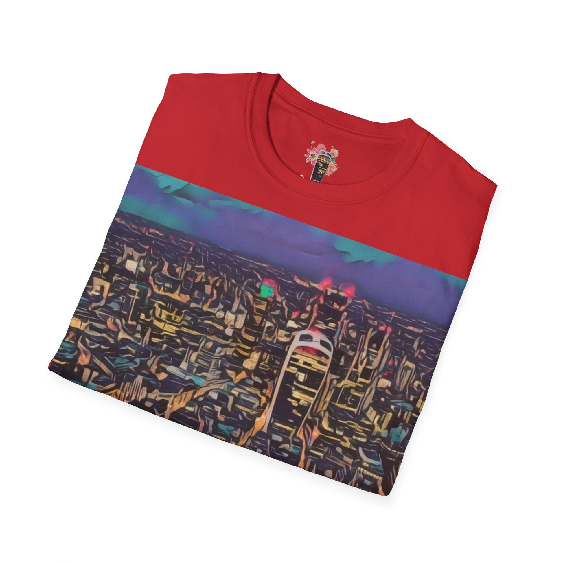 cityscape-art-unisex-softstyle-t-shirt-urban-photography-tee-streetwear-nightlife-fashion-gift-for-travelers-summer-outfit - front view