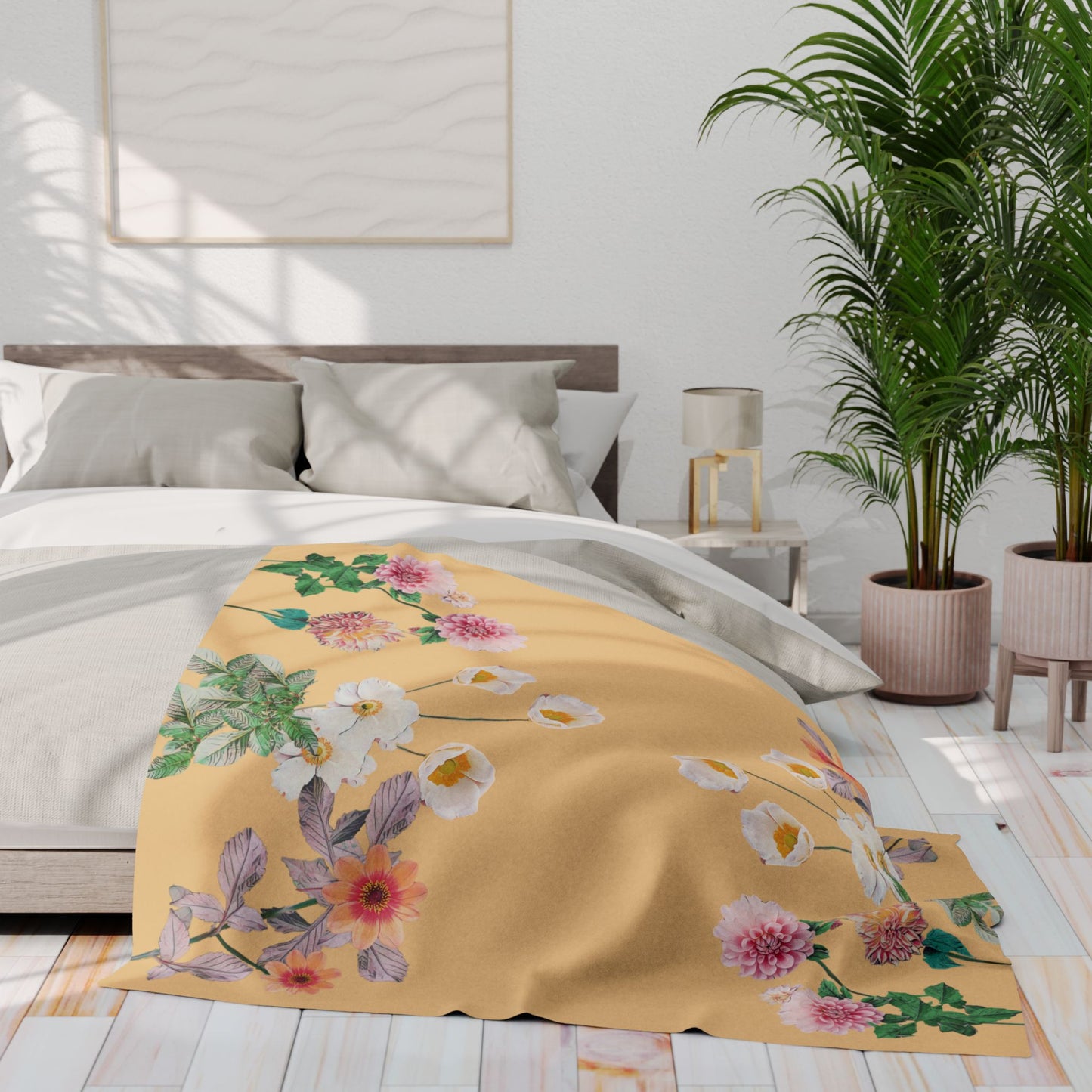 Fleece Blanket with Arctic Flowers - Pink and Orange Dahlias