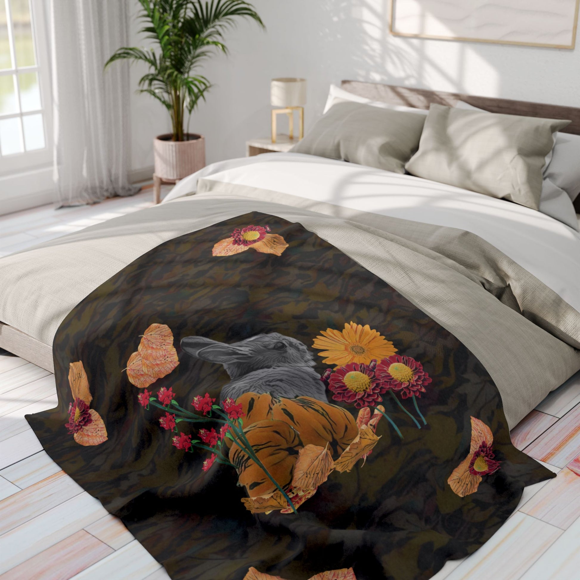 dark-fleece-blanket-fox-pear-pumpkin-rabbit-tomatoes-falling-leaves-design - front view