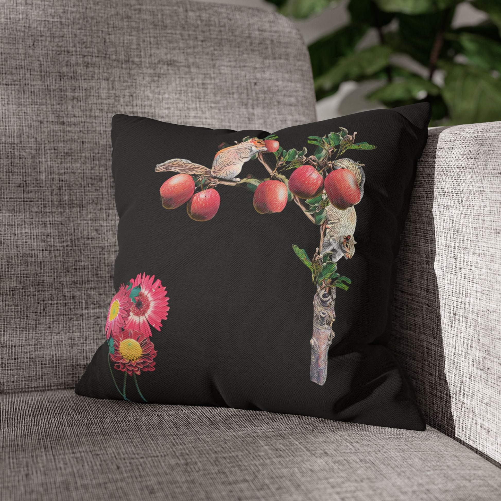 no-leaves-black-pillowcase-squirrels-and-apple-tree-floral-design - front view