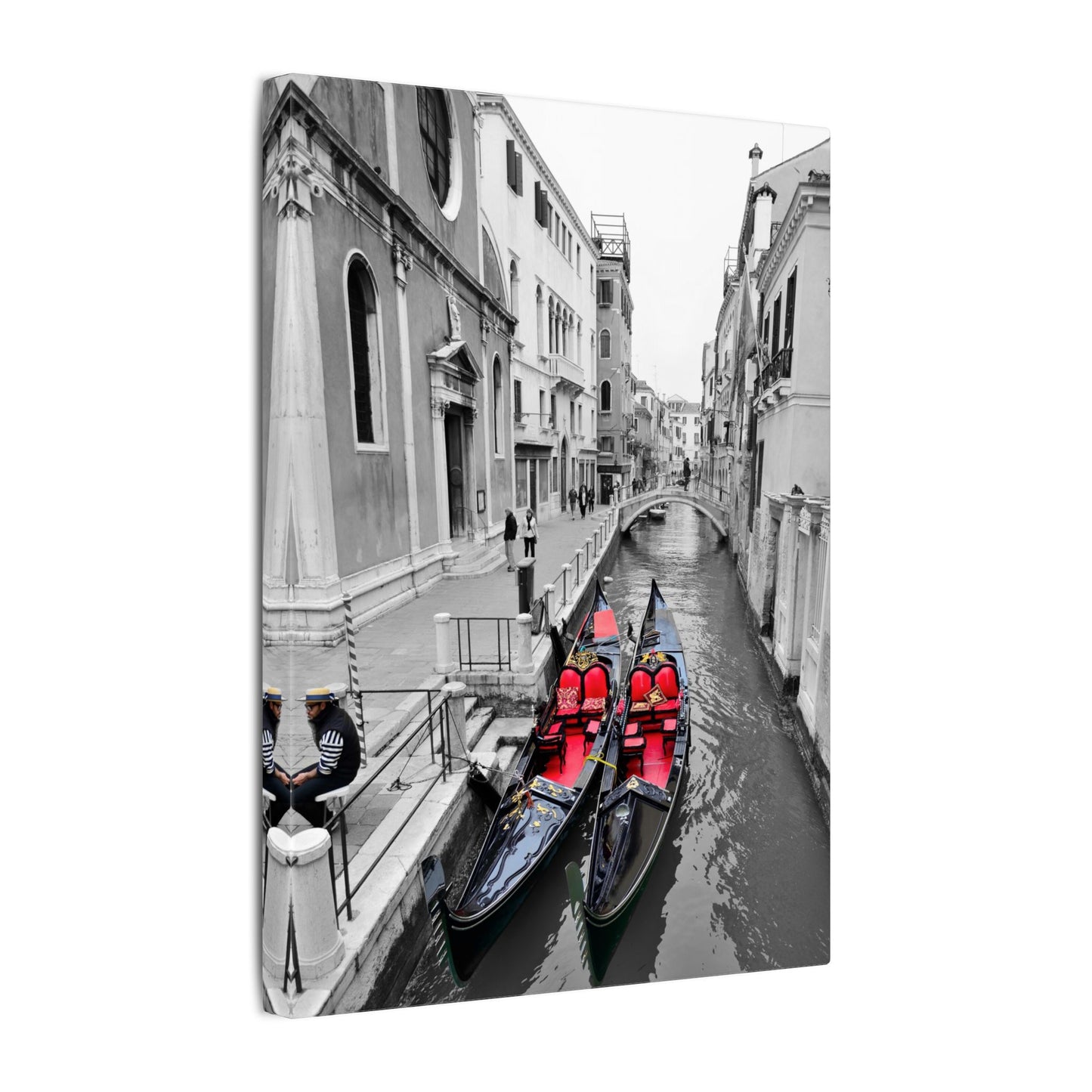 Venice Gondola Canvas Print — Black & White Scene with Colored Gondolas