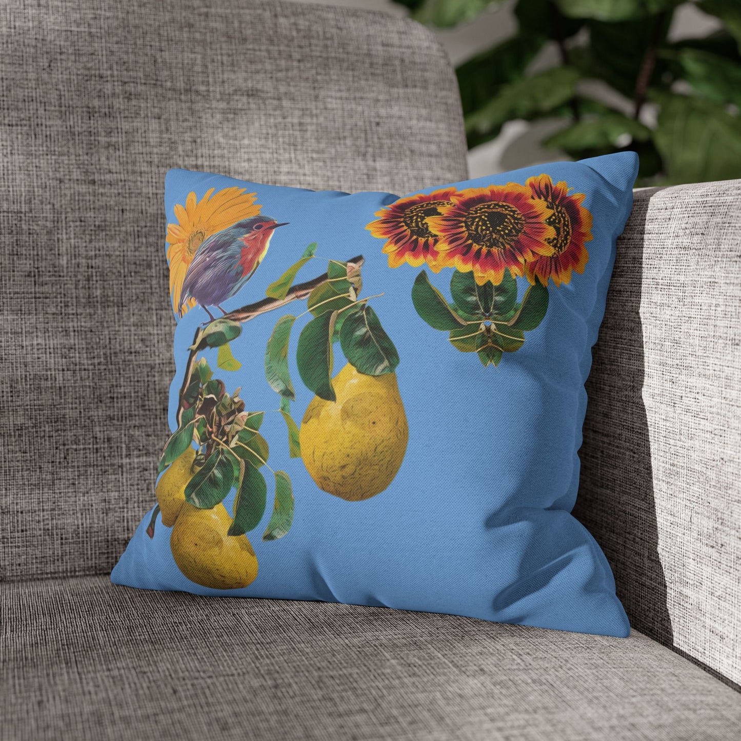 light-blue-pillowcase-robin-and-pears-tree-and-sunflower-design - front view