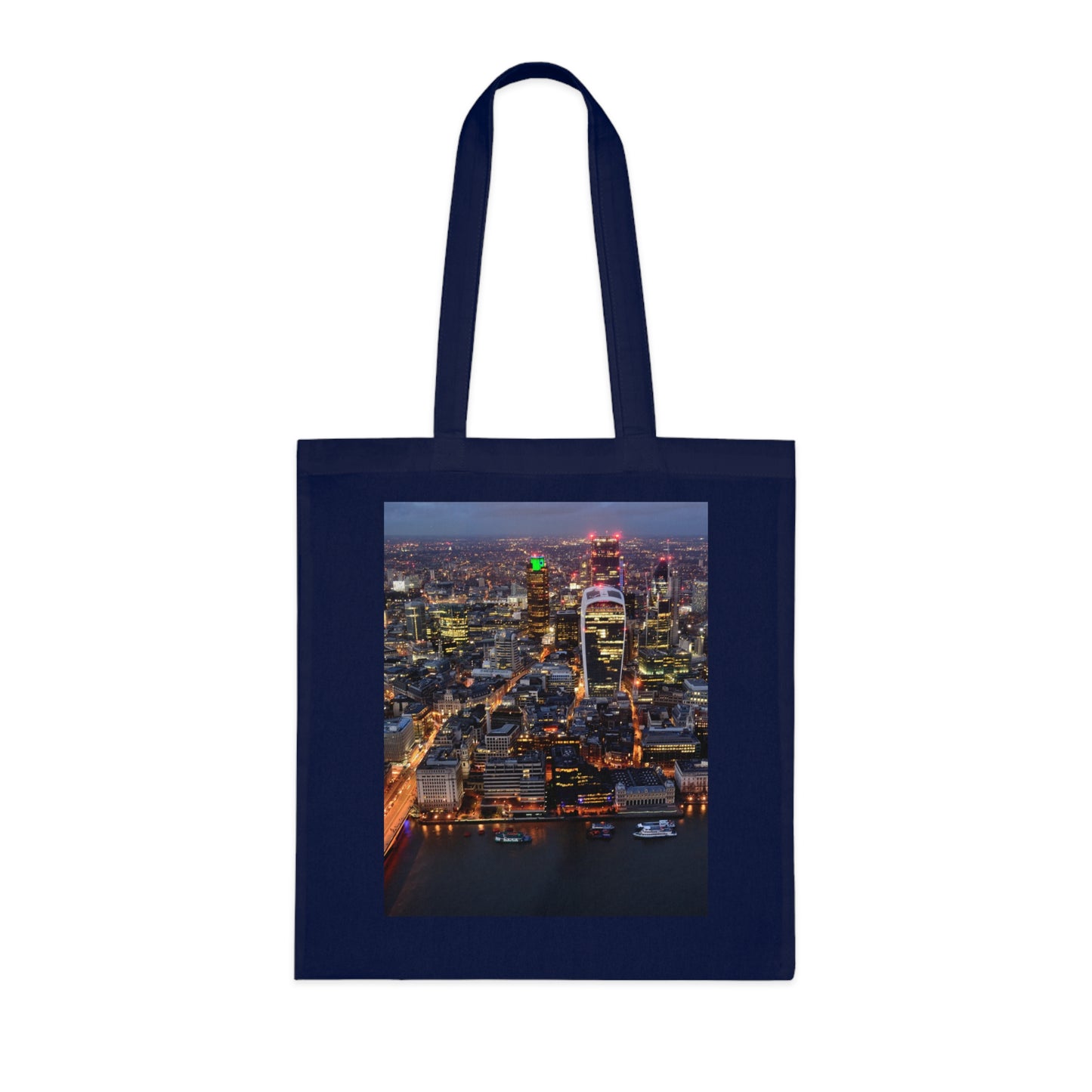 cotton-tote-bag-with-london-skyline-from-the-shard-at-night-shopper-bag-travel-tote-reusable-grocery-bag-cityscape-tote-eco-friendly - front view