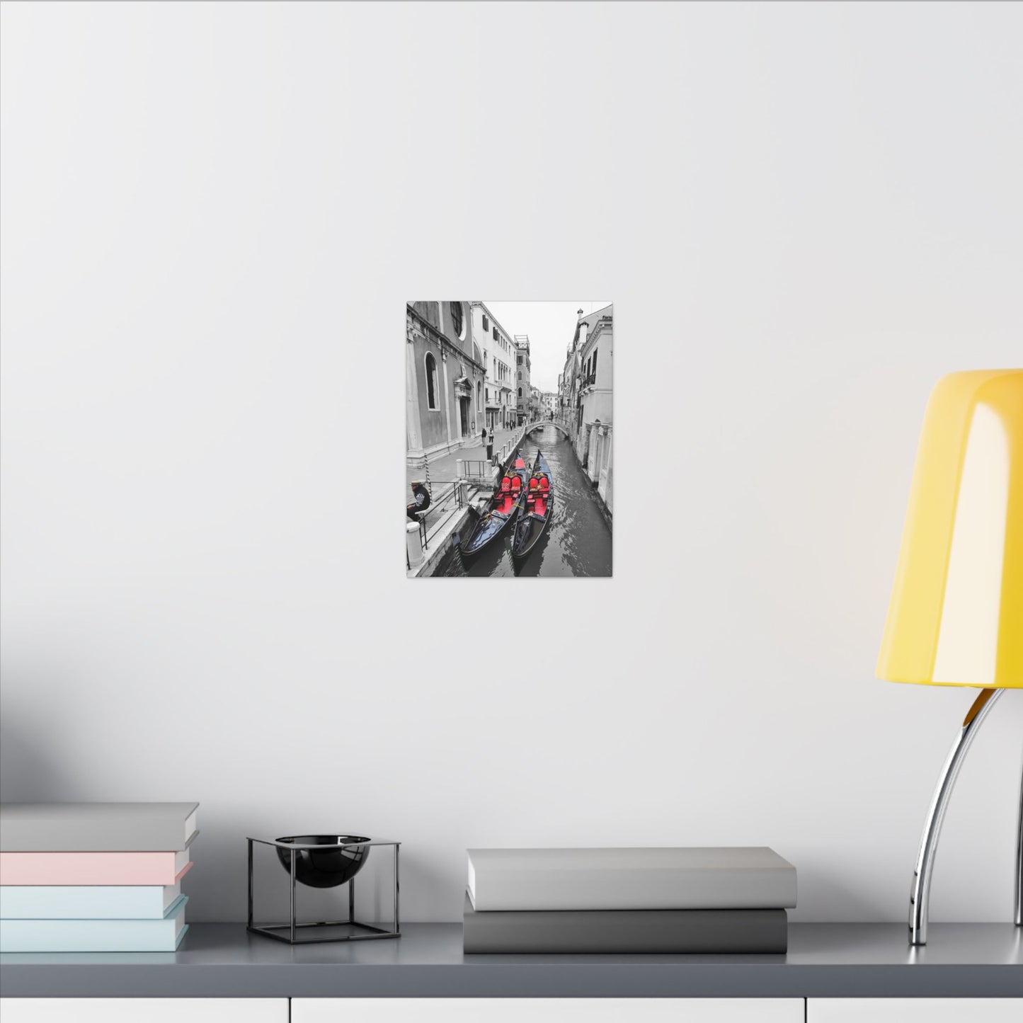 Venice Gondola Canvas Print — Black & White Scene with Colored Gondolas