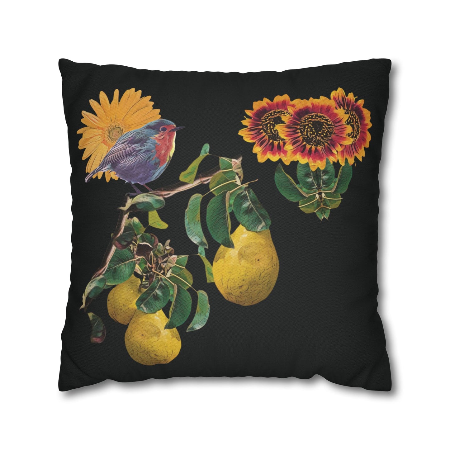 black-no-leaves-pillowcase-robin-and-pears-tree-and-sunflower-design - front view