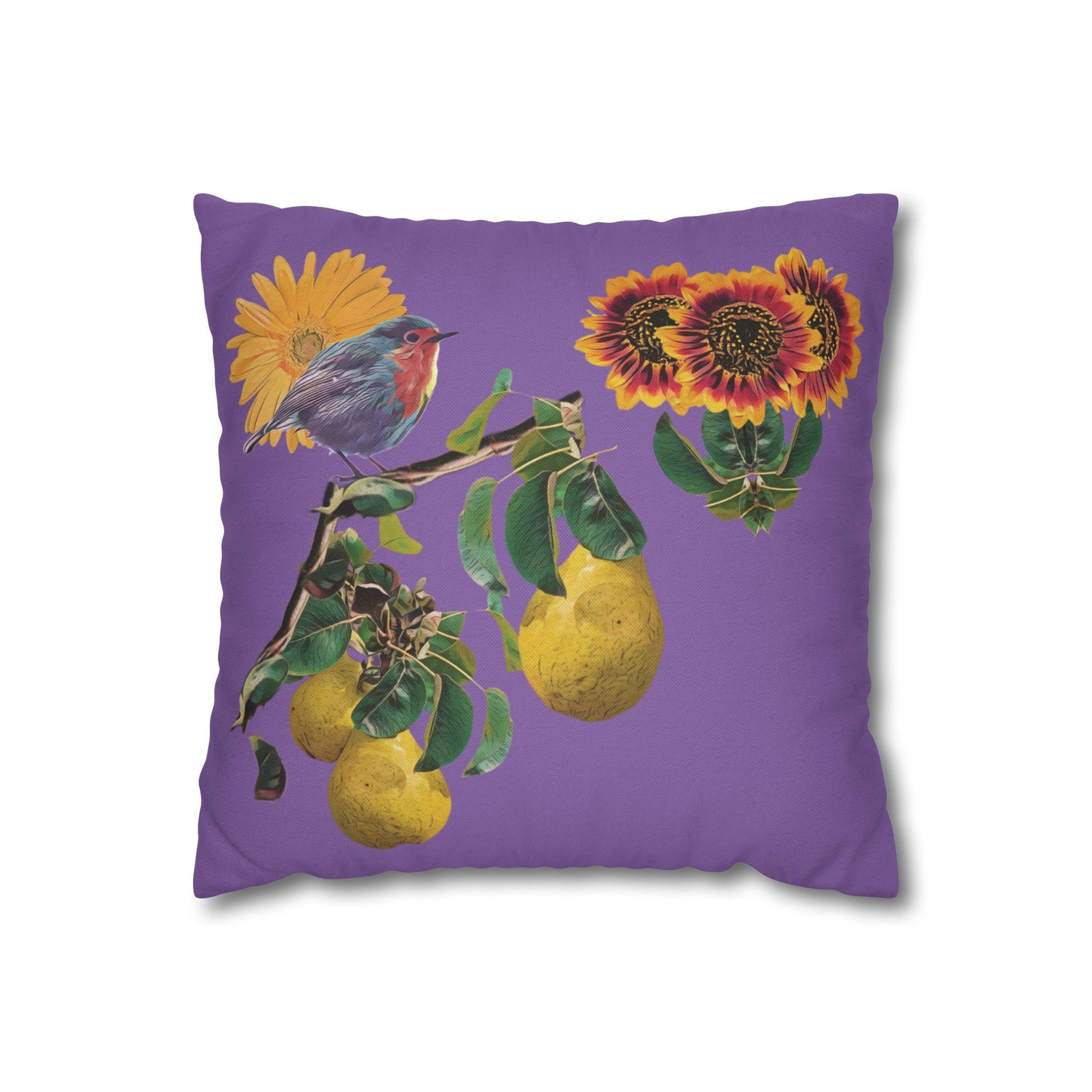 lavander-pillowcase-robin-and-pears-tree-and-sunflower-design - front view