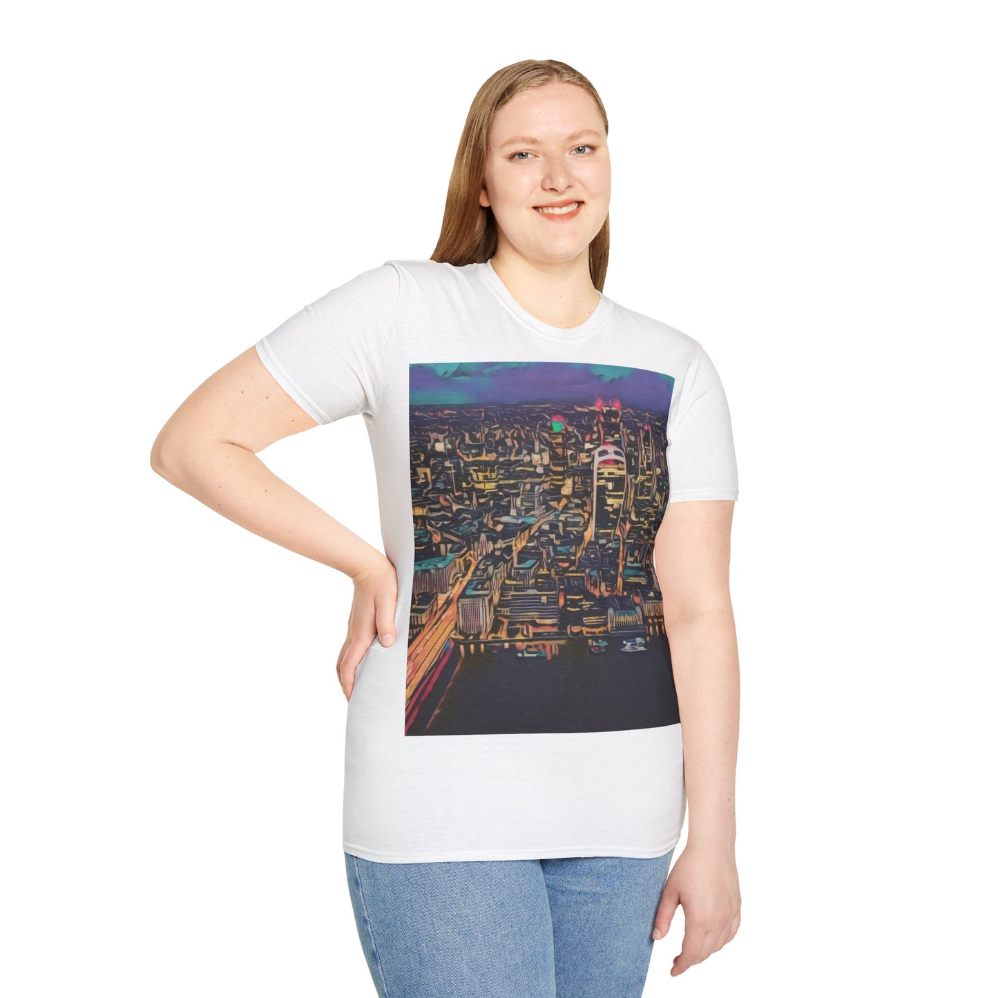 cityscape-art-unisex-softstyle-t-shirt-urban-photography-tee-streetwear-nightlife-fashion-gift-for-travelers-summer-outfit - front view