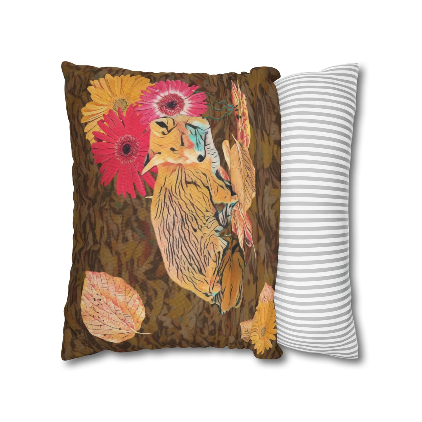 brown-pillowcase-cozy-fox-pumpkins-and-chrysanthemum-autumn-leaves-design - front view