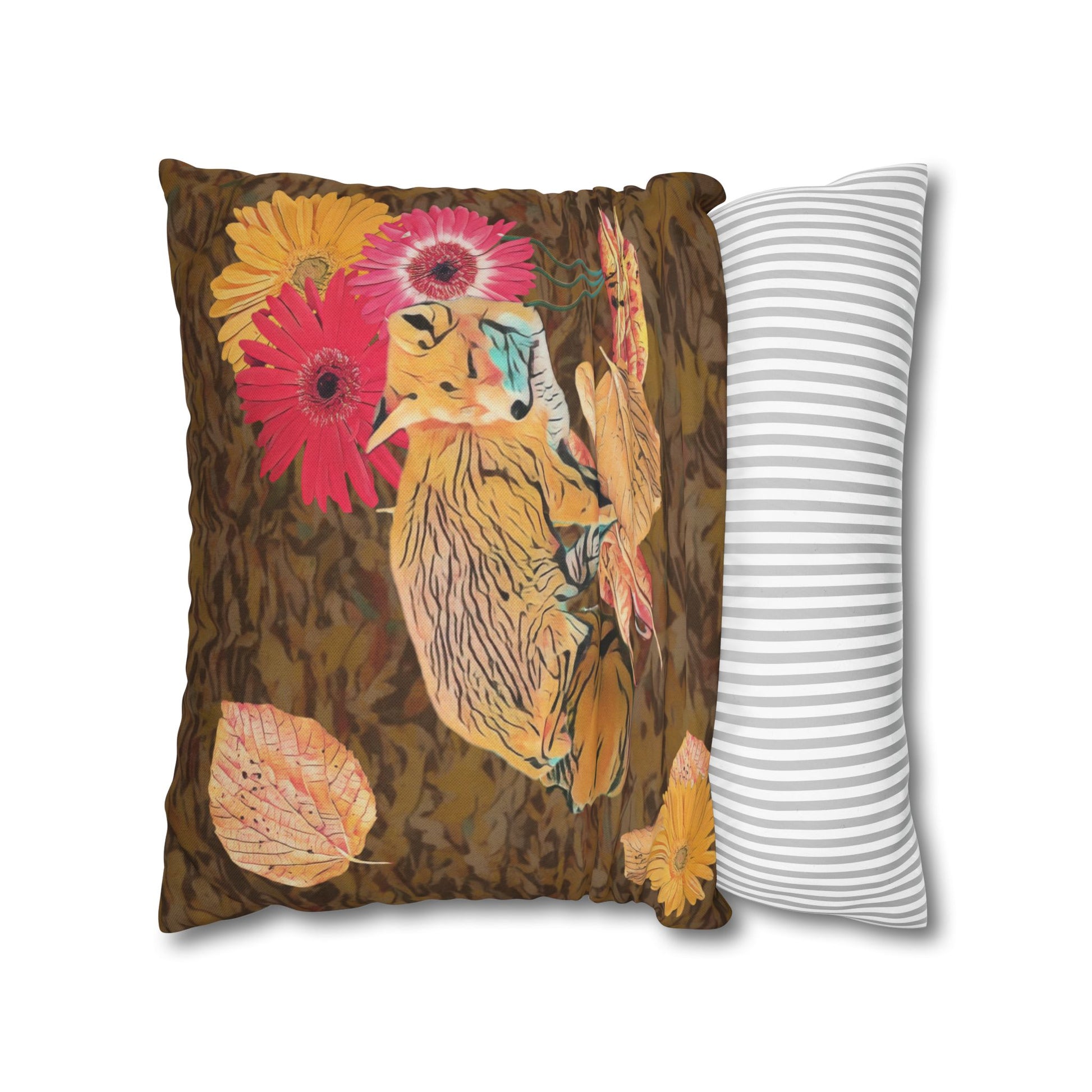 brown-pillowcase-cozy-fox-pumpkins-and-chrysanthemum-autumn-leaves-design - front view