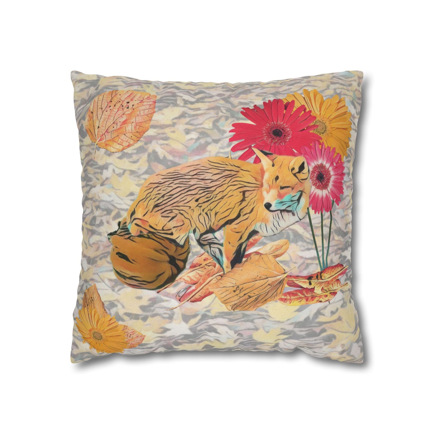 white-pillowcase-cozy-fox-pumpkins-and-chrysanthemum-autumn-leaves-design - front view