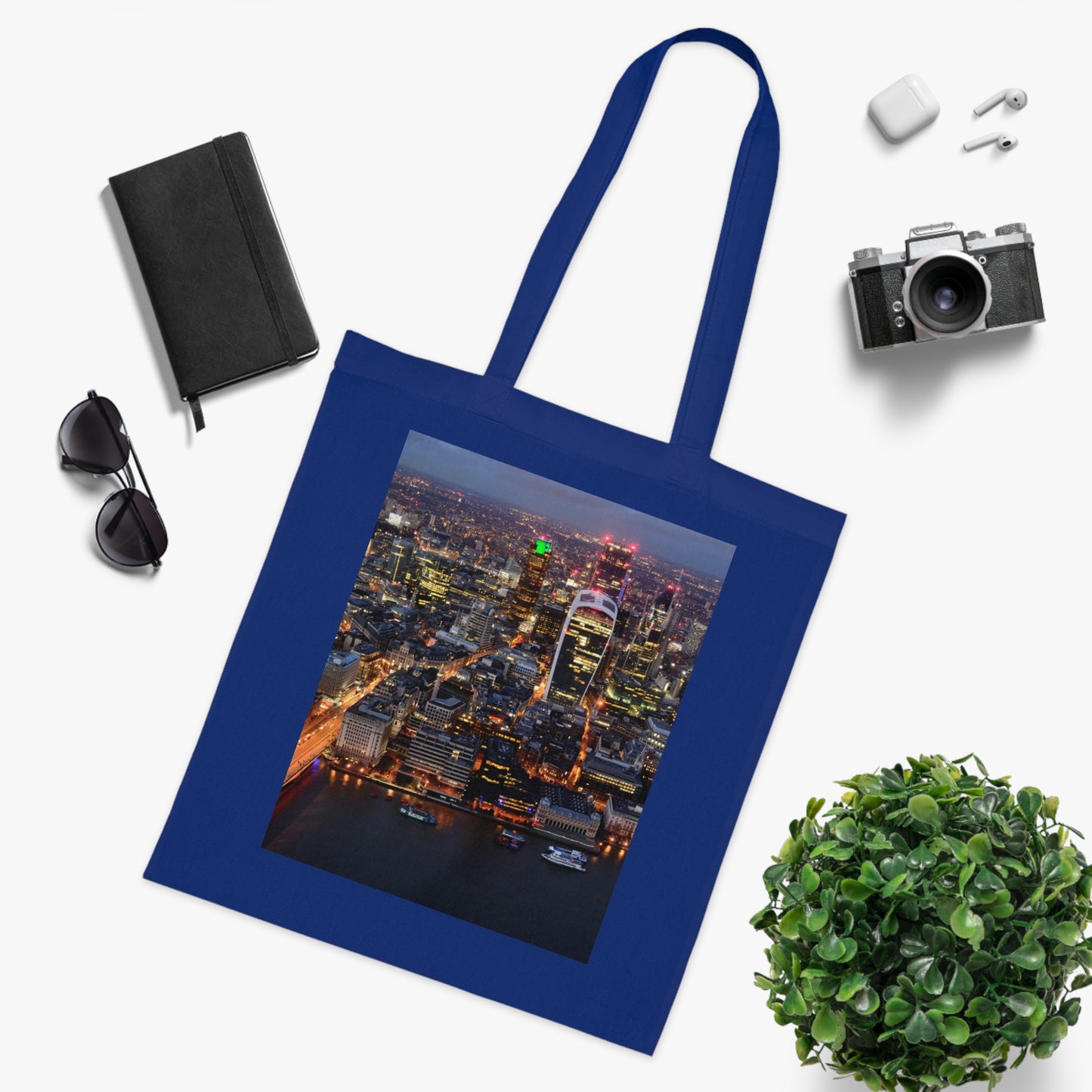 cotton-tote-bag-with-london-skyline-from-the-shard-at-night-shopper-bag-travel-tote-reusable-grocery-bag-cityscape-tote-eco-friendly - front view