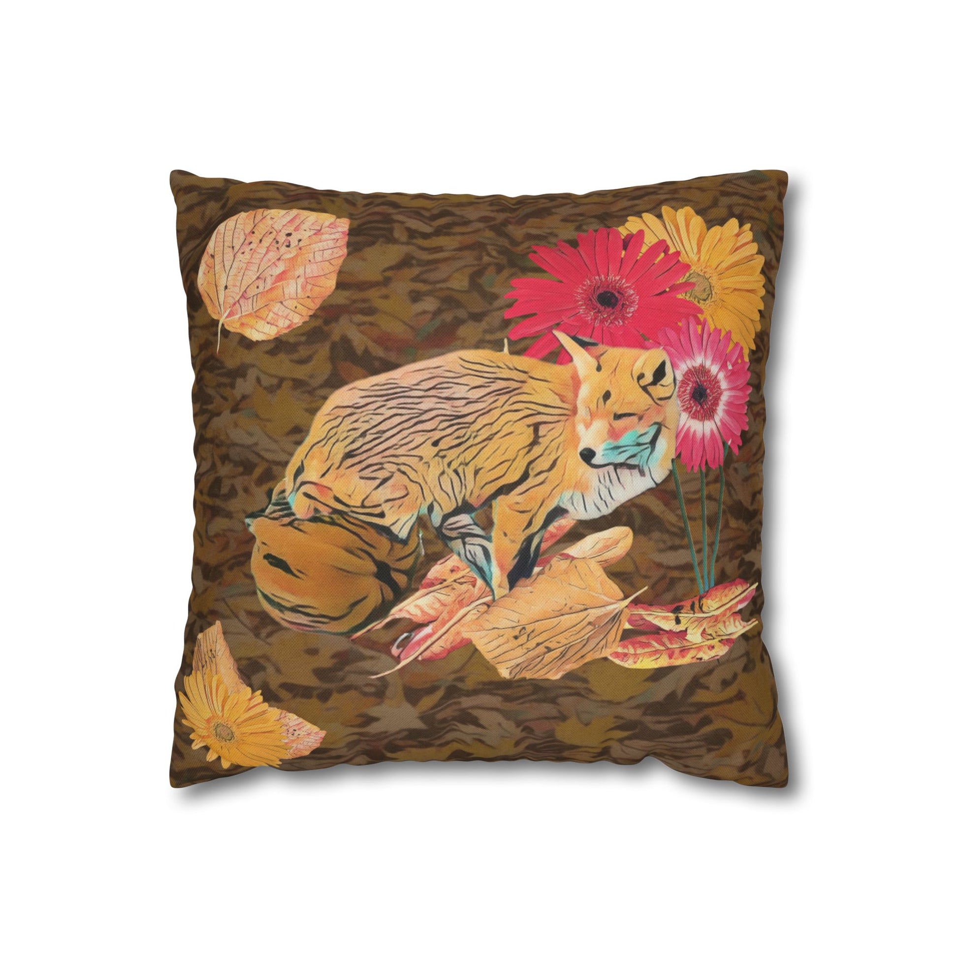 brown-pillowcase-cozy-fox-pumpkins-and-chrysanthemum-autumn-leaves-design - front view