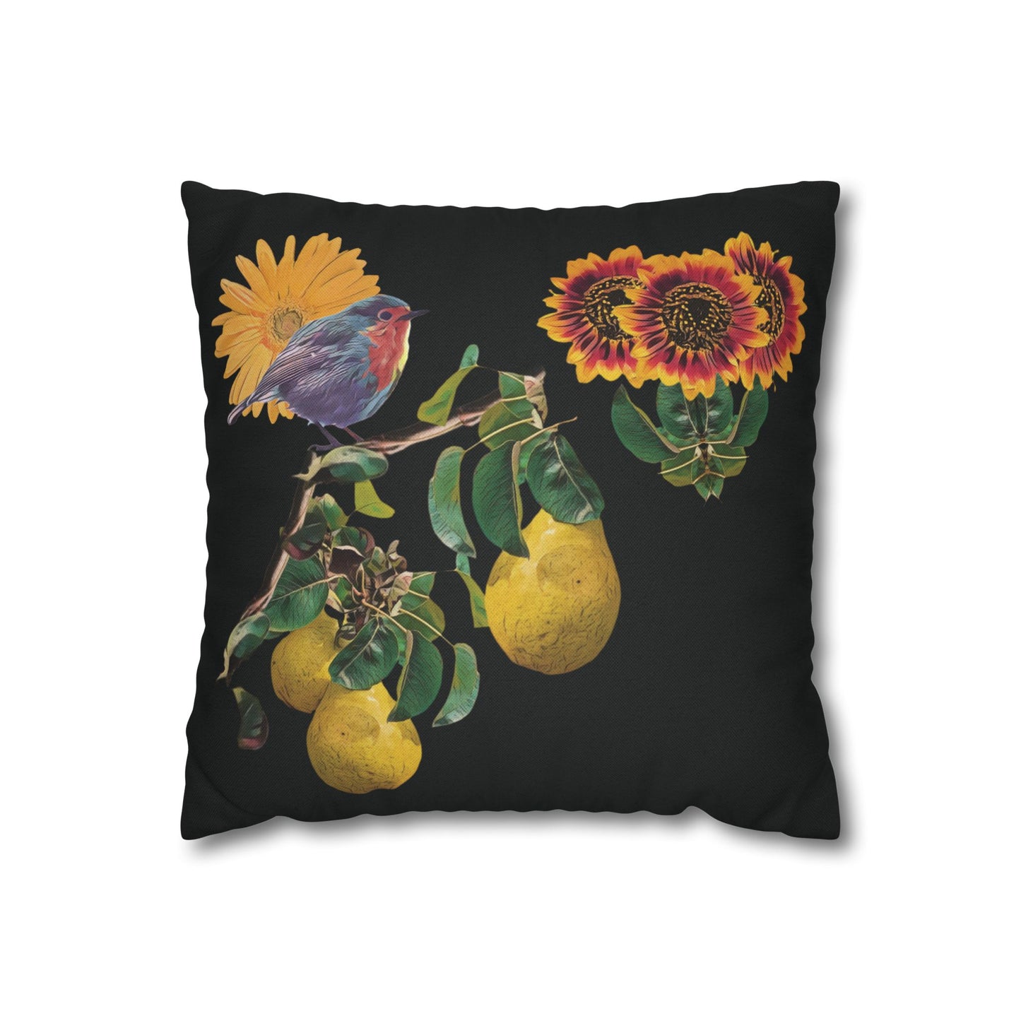 black-no-leaves-pillowcase-robin-and-pears-tree-and-sunflower-design - front view