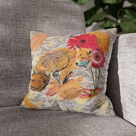 white-pillowcase-cozy-fox-pumpkins-and-chrysanthemum-autumn-leaves-design - front view