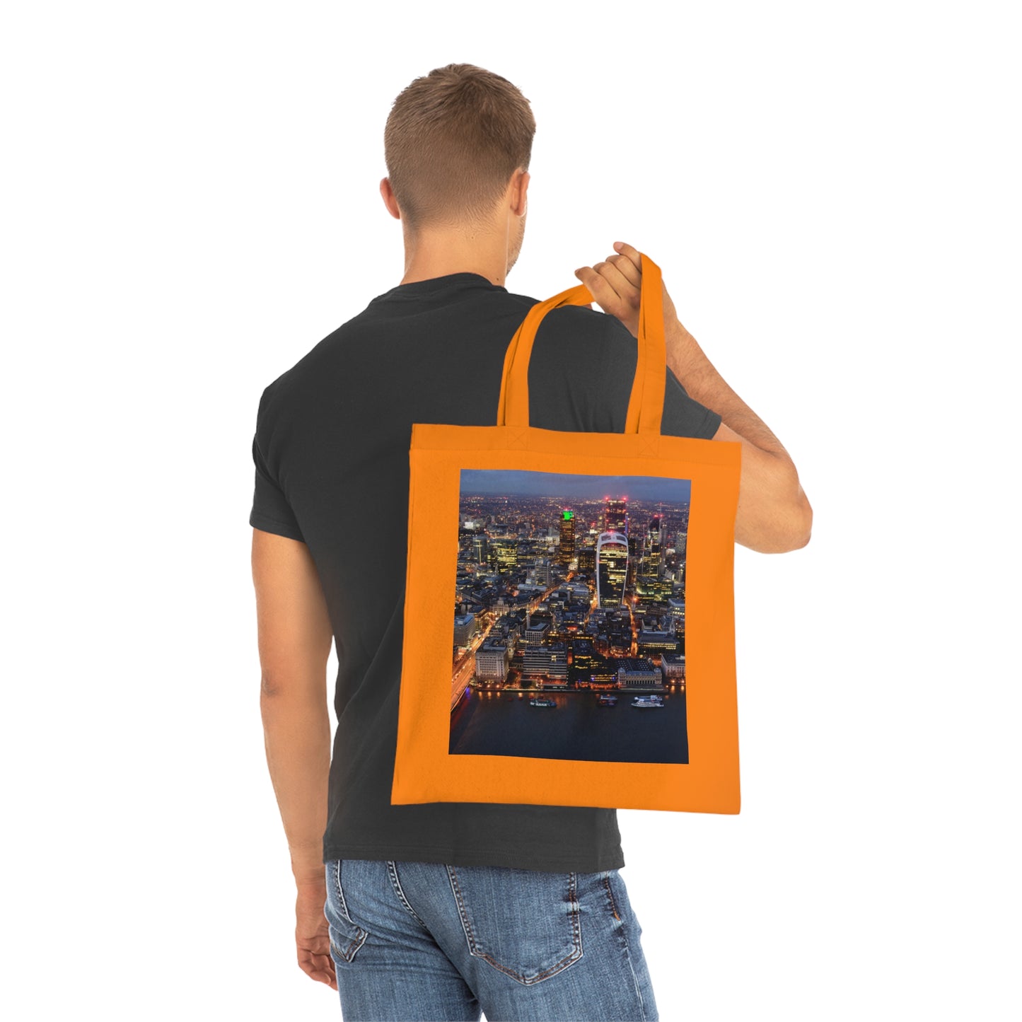 cotton-tote-bag-with-london-skyline-from-the-shard-at-night-shopper-bag-travel-tote-reusable-grocery-bag-cityscape-tote-eco-friendly - front view